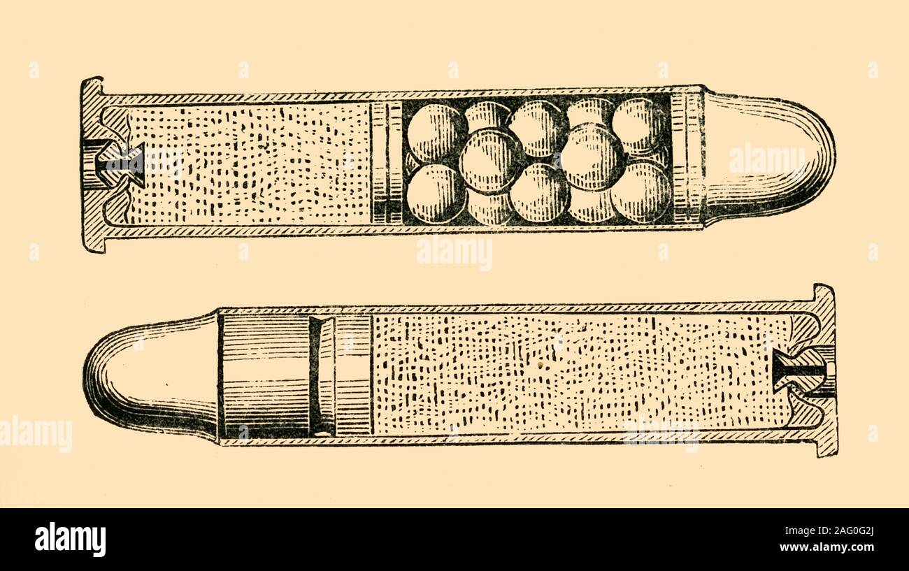 Cartridge from a Gatling gun, c1872. Diagram of cartridge used in the Gatling gun, an early rapid-fire spring loaded, hand cranked weapon invented by Richard Gatling. The loose metal cartridges were loaded into the gun using a gravity feed system from a hopper. From &quot;The Franco-Prussian War: its causes, incidents and consequences&quot;, Volume I, by Captain H M Hozier. [William Mackenzie, London, 1872] Stock Photo
