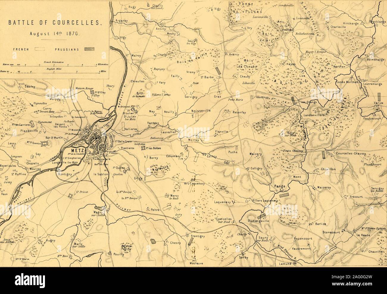 Map of the Battle of Courcelles, 14 August 1870, (c1872). Map: 'Drawn under the Superintendance of Captain Hozier', showing the enemy positions. The Battle of Borny-Colombey, (also known as the Battle of Colombey-Nouilly or the Battle of Courcelles), was fought near Metz (in France) between the French under Fran&#xe7;ois Bazaine, and the Prussians under Prince Frederick Charles. From &quot;The Franco-Prussian War: its causes, incidents and consequences&quot;, Volume I, by Captain H M Hozier. [William Mackenzie, London, 1872] Stock Photo