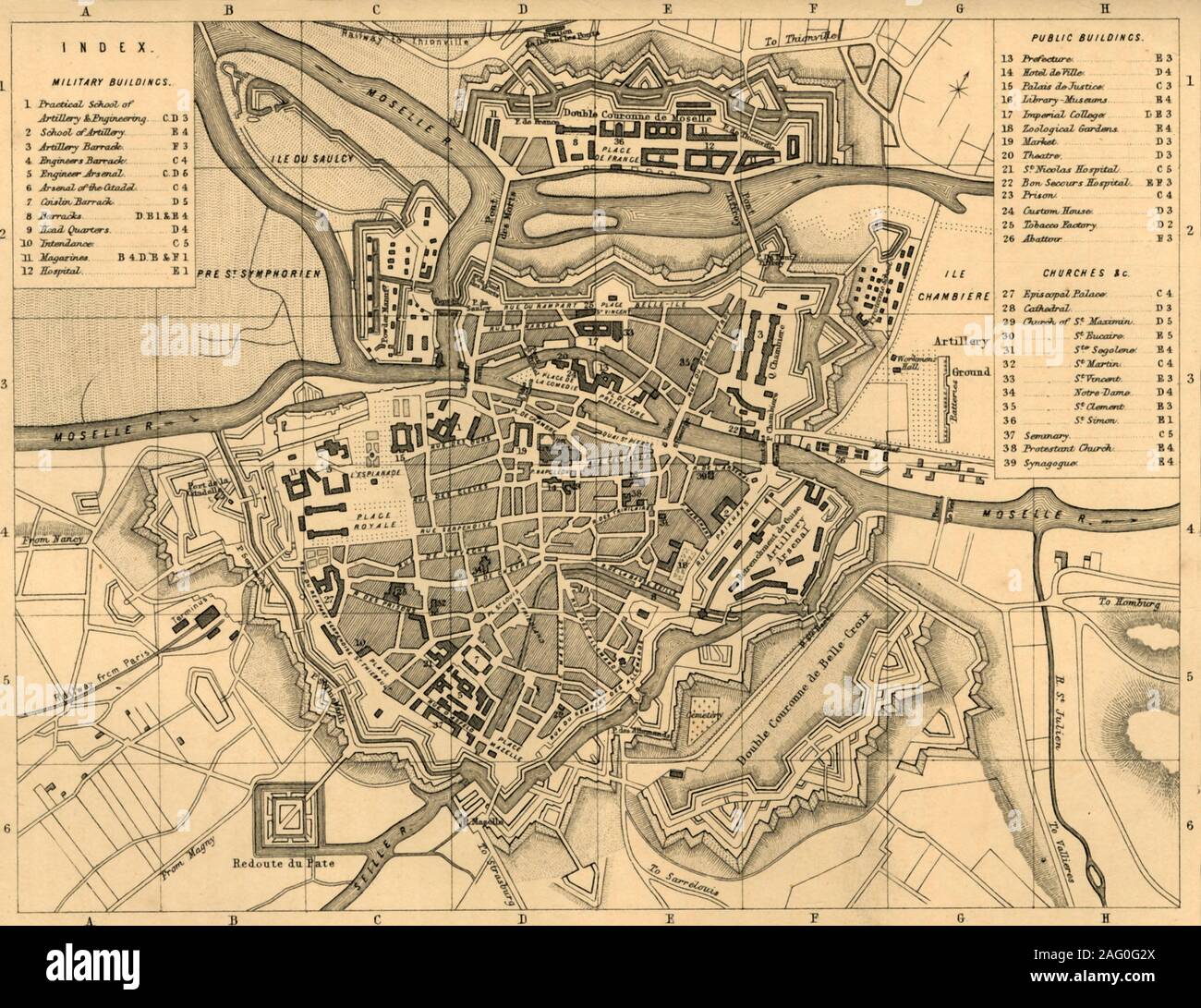 'Plan of Metz and its Fortifications', c1872. Map of the town of Metz (in France), showing 'military buildings, public buildings, churches etc'. The Siege of Metz (19 August-27 October 1870) during the Franco-Prussian War, ended in a decisive Allied German victory. From &quot;The Franco-Prussian War: its causes, incidents and consequences&quot;, Volume I, by Captain H M Hozier. [William Mackenzie, London, 1872] Stock Photo