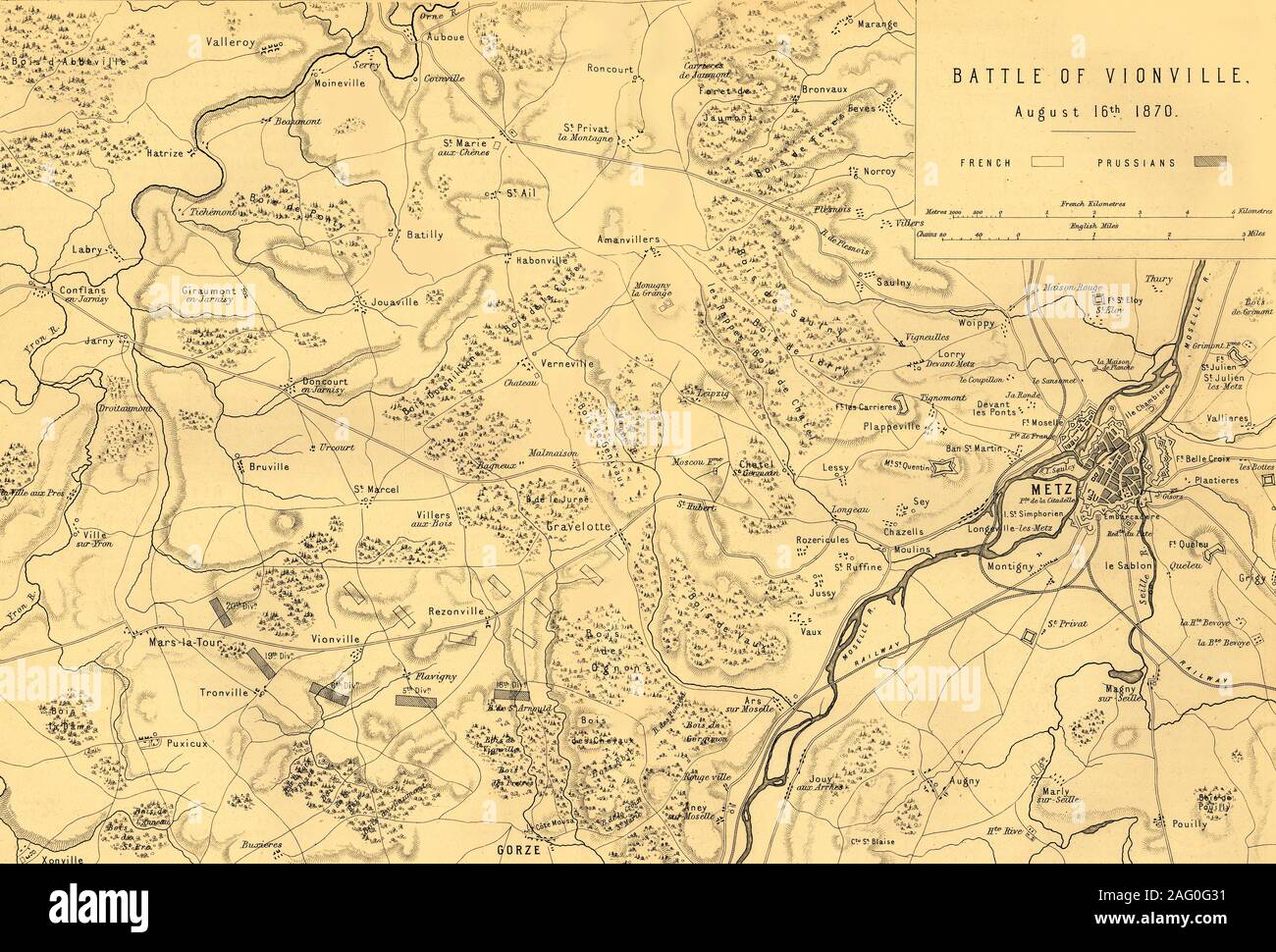 Map of the Battle of Vionville, 16 August 1870, (c1872). Map: 'Drawn under the Superintendance of Captain Hozier', showing the enemy positions. The Battle of Mars-La-Tour (also known as the Battle of Vionville or Battle of Rezonville) was fought near the village of Mars-La-Tour in northeast France. From &quot;The Franco-Prussian War: its causes, incidents and consequences&quot;, Volume I, by Captain H M Hozier. [William Mackenzie, London, 1872] Stock Photo