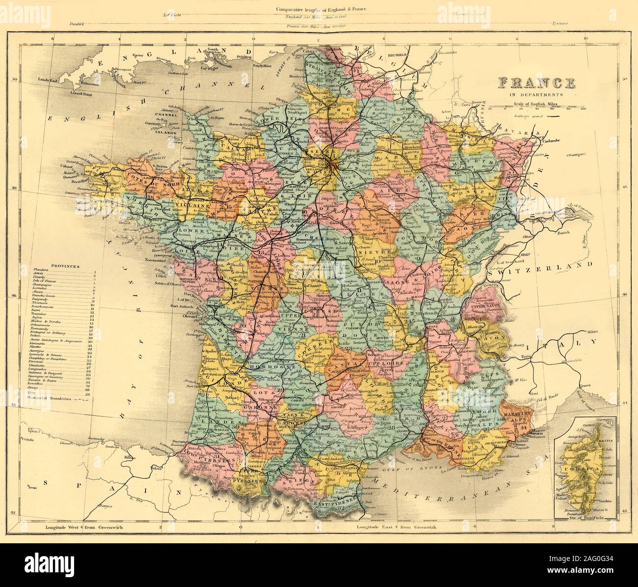 Map of France, c1872. Showing the d&#xe9;partements or provinces, including the island of Corsica, (inset bottom right). From &quot;The Franco-Prussian War: its causes, incidents and consequences&quot;, Volume I, by Captain H M Hozier. [William Mackenzie, London, 1872] Stock Photo