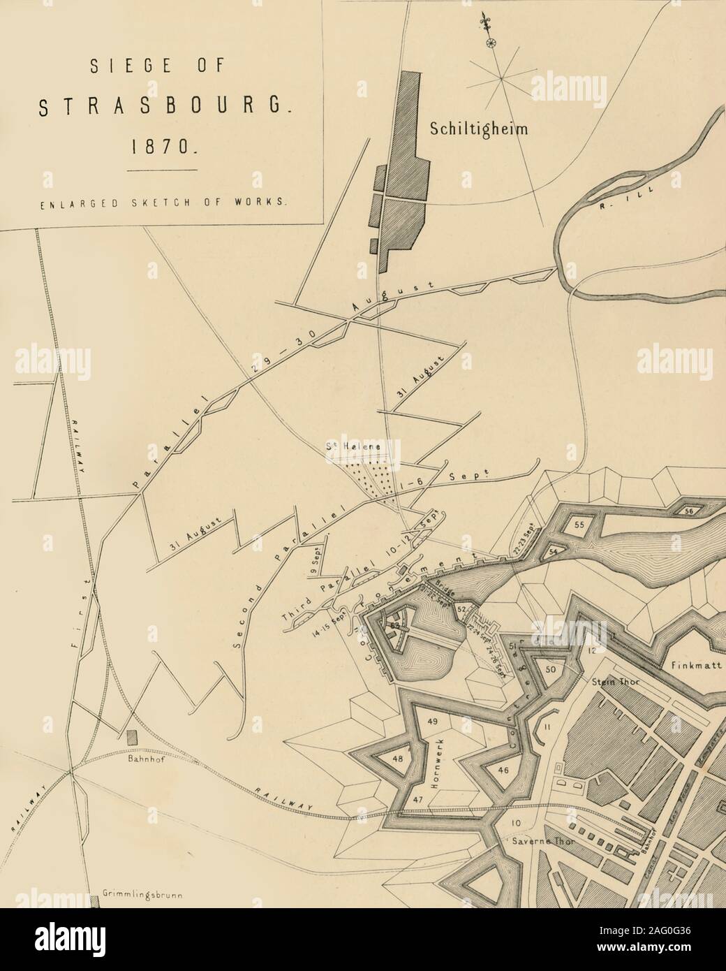Map of the Siege of Strasbourg, 1870, (c1872). 'Enlarged sketch of works. Drawn under the Superintendence of Captain Hozier'. The city of Strasbourg (in France) underwent bombardment from Prussian general August von Werder. The French surrendered the fortress on 28 September 1870. From &quot;The Franco-Prussian War: its causes, incidents and consequences&quot;, Volume II, by Captain H M Hozier. [William Mackenzie, London, 1872] Stock Photo