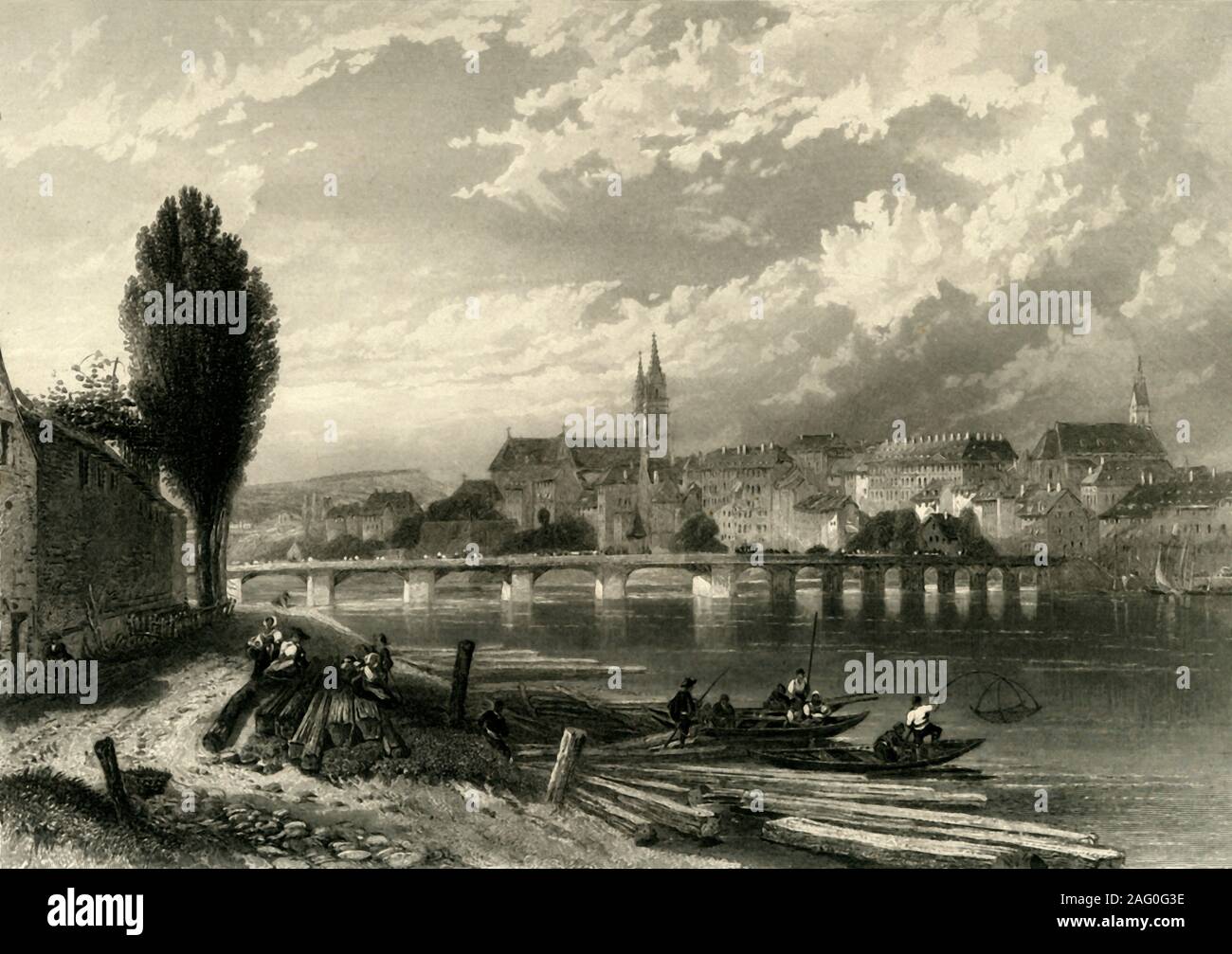 'Basle', c1872. View of the city of Basel in Switzerland. In the centre is the Middle Bridge over the River Rhine, with Basel Minster beyond. From &quot;The Franco-Prussian War: its causes, incidents and consequences&quot;, Volume II, by Captain H M Hozier. [William Mackenzie, London, 1872] Stock Photo