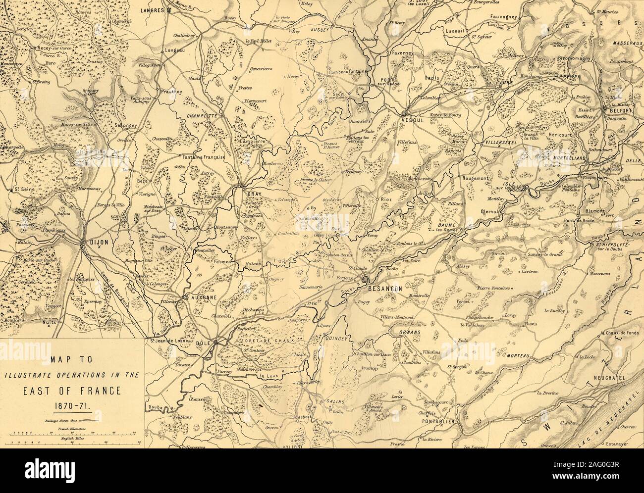 'Map to Illustrate Operations in the East of France 1870-71', (c1872). Map: 'Drawn under the Superintendence of Captain Hozier', showing the towns of Dijon and Besan&#xe7;on. From &quot;The Franco-Prussian War: its causes, incidents and consequences&quot;, Volume II, by Captain H M Hozier. [William Mackenzie, London, 1872] Stock Photo