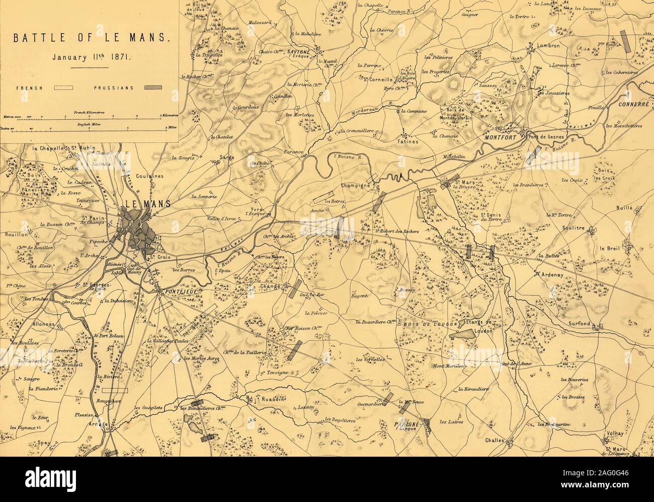 Map of the Battle of Le Mans, 11 January 1871, (c1872). Map: 'Drawn under the Superintendence of Captain Hozier', showing the enemy positions. The Battle of Le Mans, fought in northern France, was a decisive victory for the Germans and ended French resistance. From &quot;The Franco-Prussian War: its causes, incidents and consequences&quot;, Volume II, by Captain H M Hozier. [William Mackenzie, London, 1872] Stock Photo