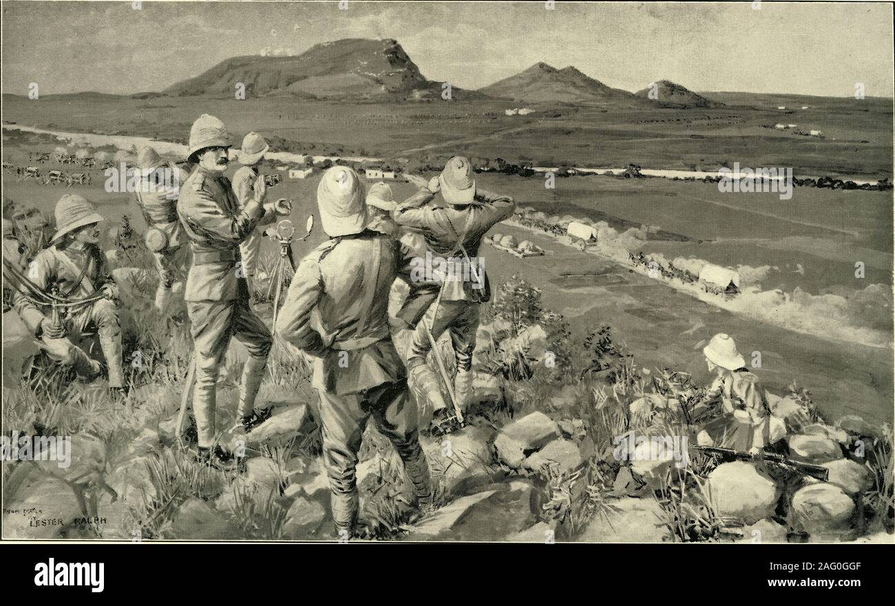 &quot;Fighting Mac&quot; and the Highland Brigade in Action at Koodoesberg', 1900. General MacDonald took a position at Koodoesberg drift on the Modder River and was knighted for his service in the Second Boer War. From &quot;South Africa and the Transvaal War, Vol. III&quot;, by Louis Creswicke. [T. C. &amp; E. C. Jack, Edinburgh, 1900] Stock Photo