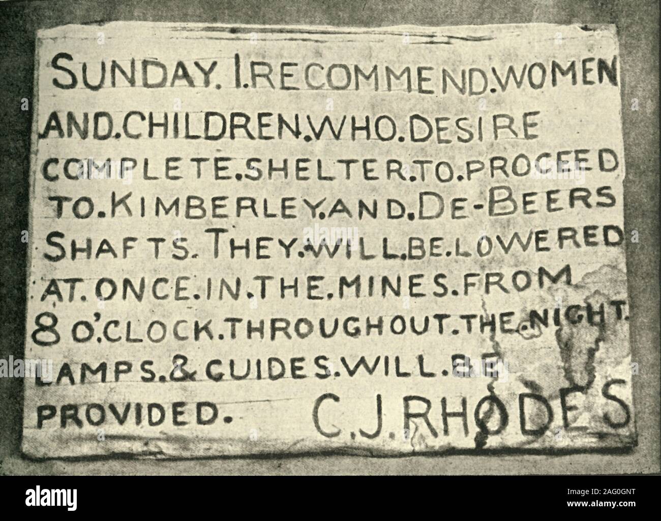 'Placard Erected by Mr. Rhodes', 1900. Cecil John Rhodes was a British businessman, mining magnate and politician in southern Africa who served as Prime Minister of Cape Colony from 1890 to 1896. He went to Kimberley at the onset of siege during the Second Boer War and was instrumental in the defence of the city. From &quot;South Africa and the Transvaal War, Vol. IV&quot;, by Louis Creswicke. [T. C. &amp; E. C. Jack, Edinburgh, 1900] Stock Photo