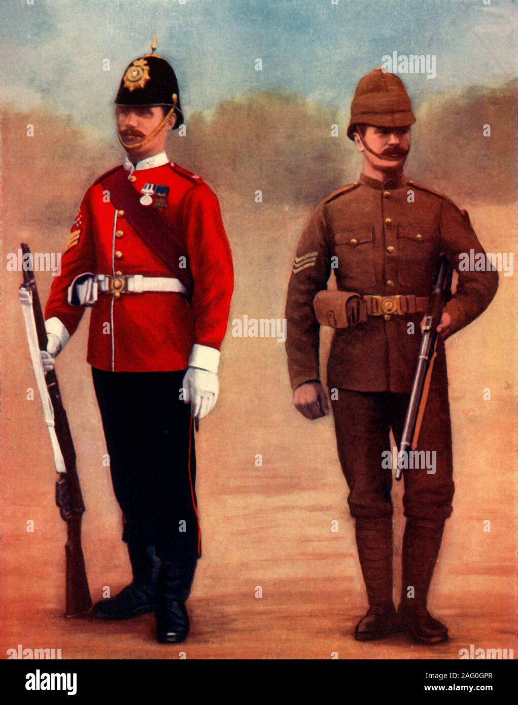 'West Yorkshire Regiment (Colour-Sergeant) and Yorkshire Regiment (Sergeant)', 1900. The 2nd battalion of the West Yorkshire Regiment or Prince of Wales's Own infantry and Yorkshire Regiments during the Second Boer War 1899-1902. From &quot;South Africa and the Transvaal War, Vol. IV&quot;, by Louis Creswicke. [T. C. &amp; E. C. Jack, Edinburgh, 1900] Stock Photo