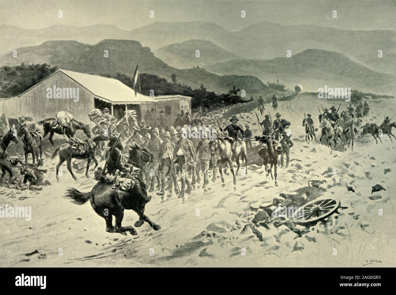 'British Prisoners on Their Wat to Pretoria: The First Halt', 1901. The Boers transport British prisoners to a prison camp in Pretoria, South Africa, during the second Boer War. From &quot;South Africa and the Transvaal War, Vol. V&quot;, by Louis Creswicke. [T. C. &amp; E. C. Jack, Edinburgh, 1901] Stock Photo