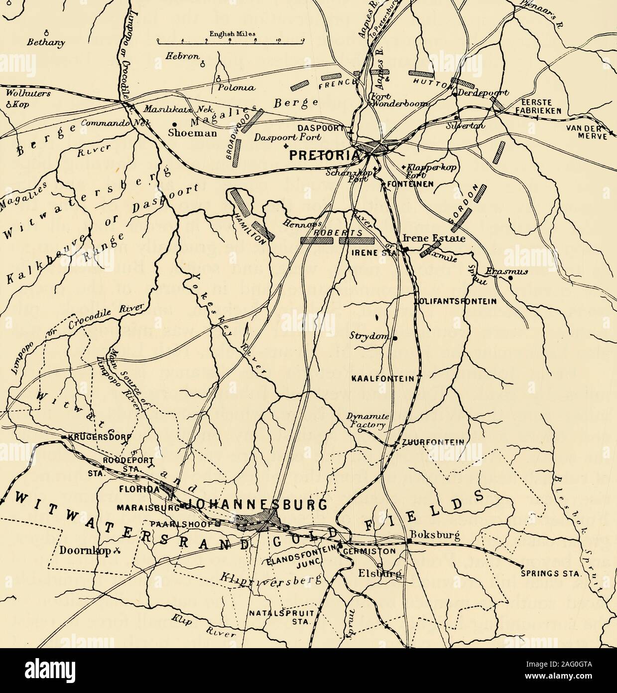 'Map Showing District Between Johannesburg and Pretoria, and the Position of the British Forces Round the Latter', 1901. From &quot;South Africa and the Transvaal War, Vol. V&quot;, by Louis Creswicke. [T. C. &amp; E. C. Jack, Edinburgh, 1901] Stock Photo