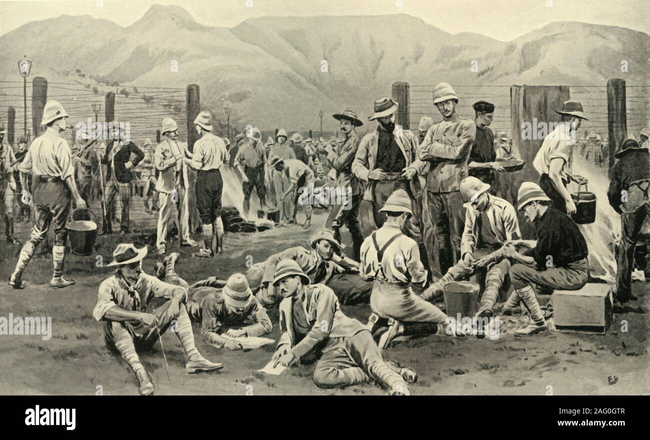 'British Prisoners Waiting for Release: The Camp at Nooitgedacht', 1901. When the Boers evacuated Pretoria they took prisoners to Nooitgedacht, in the Eland&#x2019;s Valley.  From &quot;South Africa and the Transvaal War, Vol. VI&quot;, by Louis Creswicke. [T. C. &amp; E. C. Jack, Edinburgh, 1901] Stock Photo