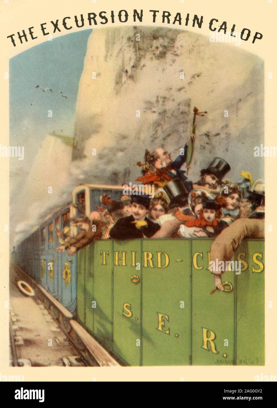 &quot;The Excursion Train Galop&quot;, sheet music cover, c1860, (1945). 'Third Class Travel, c. 1845': railway passengers in open-air carriages, cover to a piece of music composed by Frank Musgrave. From &quot;British Railways&quot;, by Arthur Elton. [Collins, London, 1945] Stock Photo