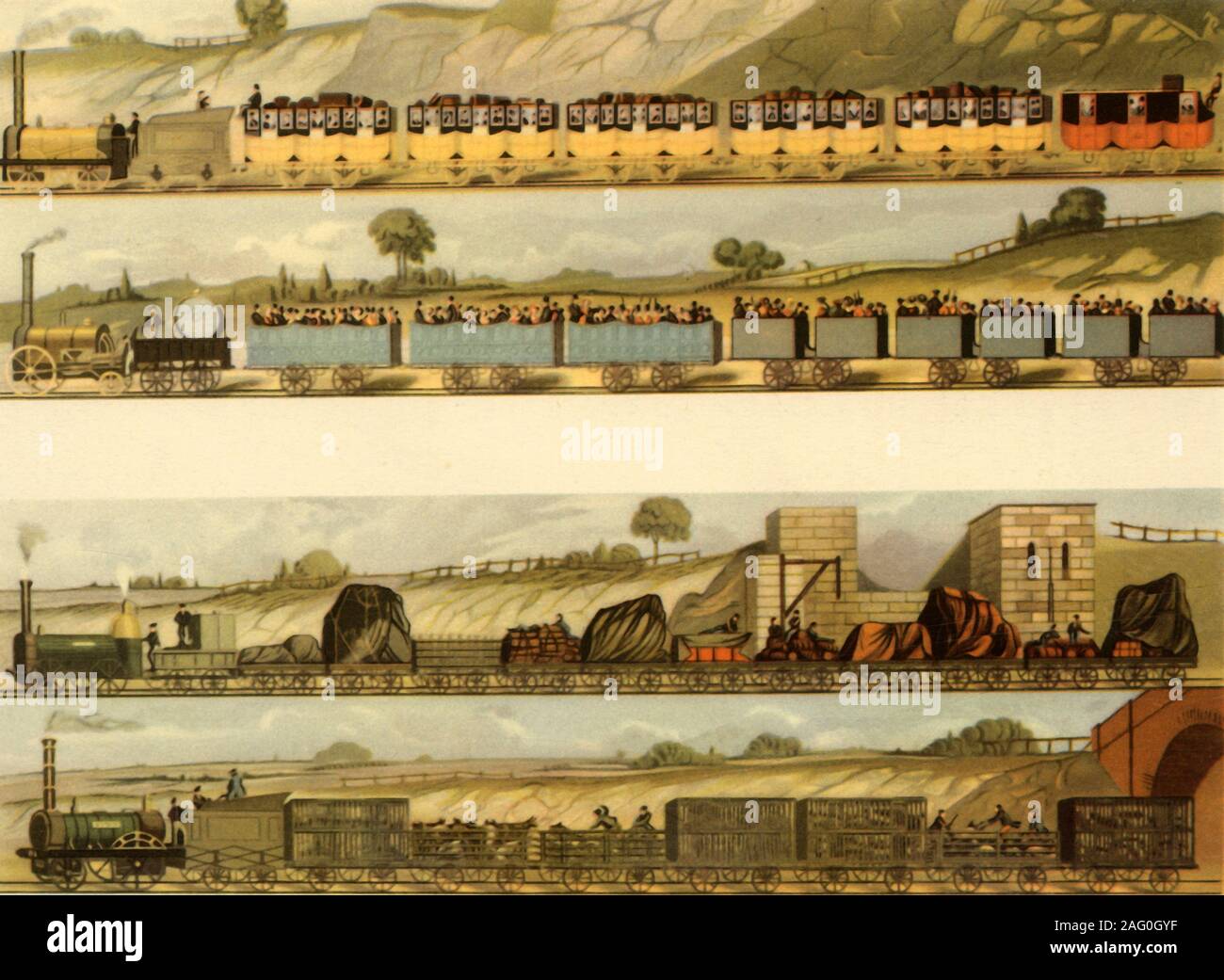 'Travelling on the Liverpool and Machester Railway', 1831, (1945). Steam locomotives on the Liverpool &amp; Manchester Railway (L&amp;MR), which first opened in 1830 under the supervision of its chief engineer, George Stephenson. The first train is the locomotive 'Jupiter' hauling first class covered carriages and a mail coach. Below, the locomotive 'North Star' hauls open-topped second class carriages. From &quot;British Railways&quot;, by Arthur Elton. [Collins, London, 1945] Stock Photo