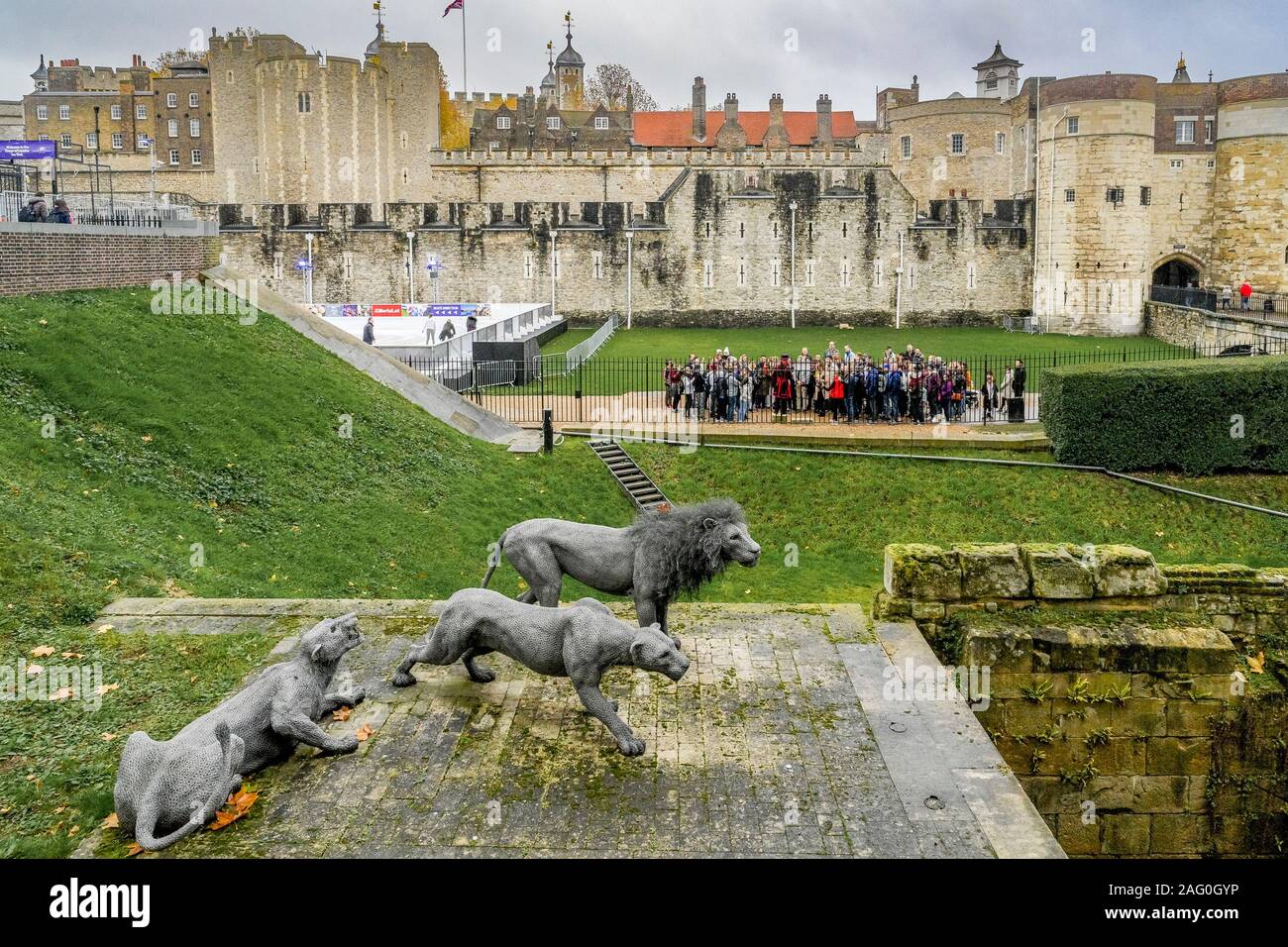 Wire Lion sculptures, Tower of London, London, England, UK Stock Photo