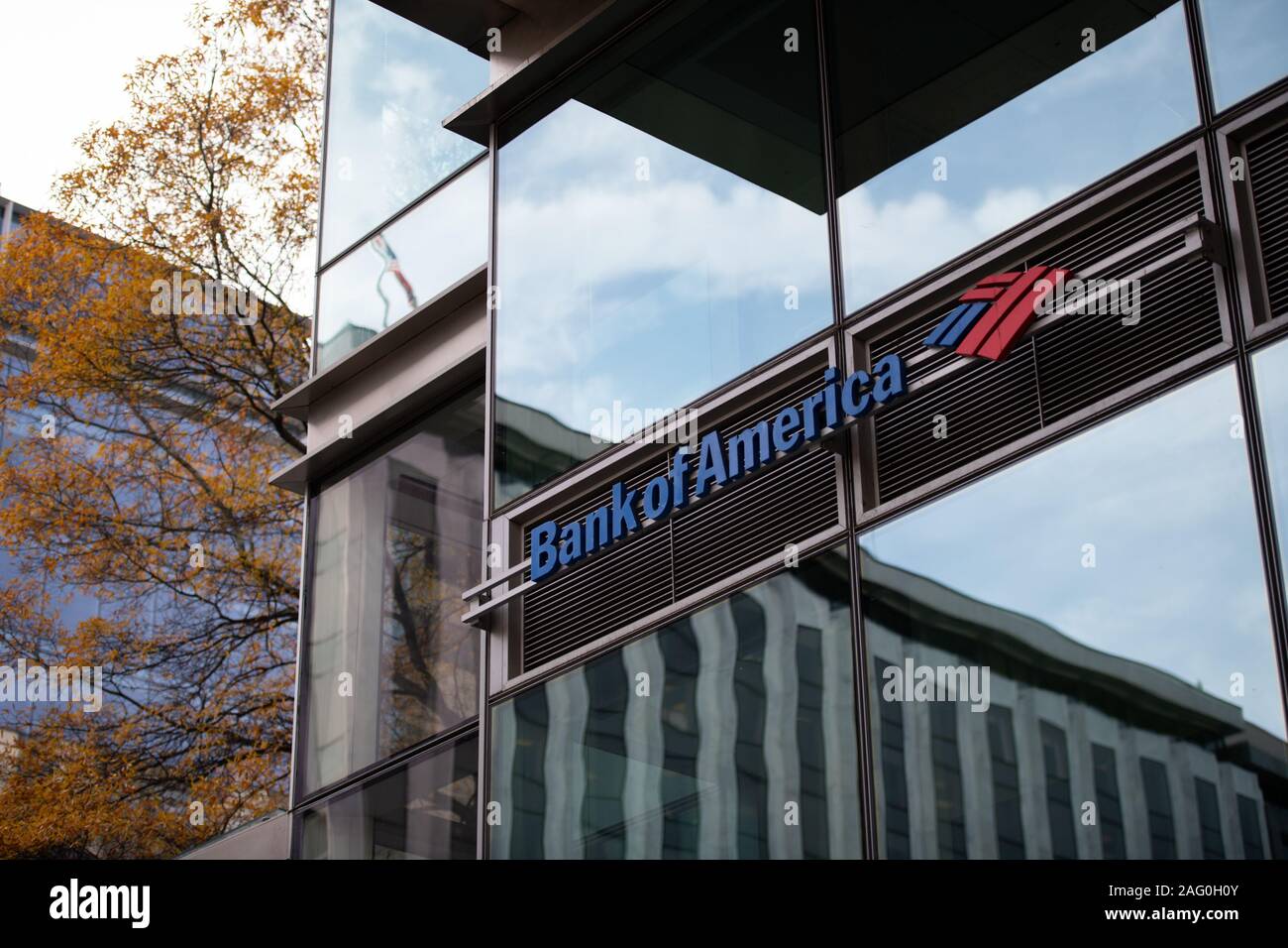 A Bank of America logo on a branch in Washington, D.C., as seen on November 21, 2019. (Graeme