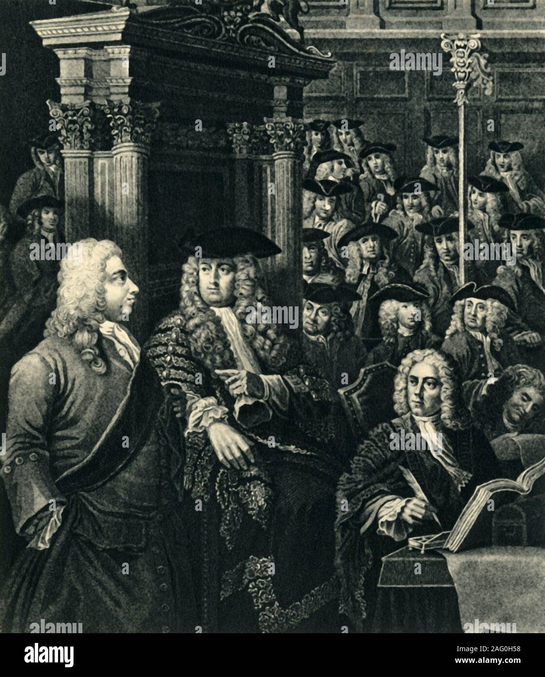 'The House of Commons in the Eighteenth Century', 1730, (1947). Session of parliament in the Palace of Westminster, London. The Prime Minister, Sir Robert Walpole, is on the left. Speaker Arthur Onslow is in the Speaker's Chair. Walpole (1676-1745) served as Britain's de facto first Prime Minister between 1721and 1742. After 'Speaker Arthur Onslow calling upon Sir Robert Walpole to speak in the House of Commons', a painting of 1730, in the National Trust collection at Clandon Park, Surrey. From &quot;The House of Commons&quot;, by Martin Lindsay M.P. [Collins, London, 1947] Stock Photo