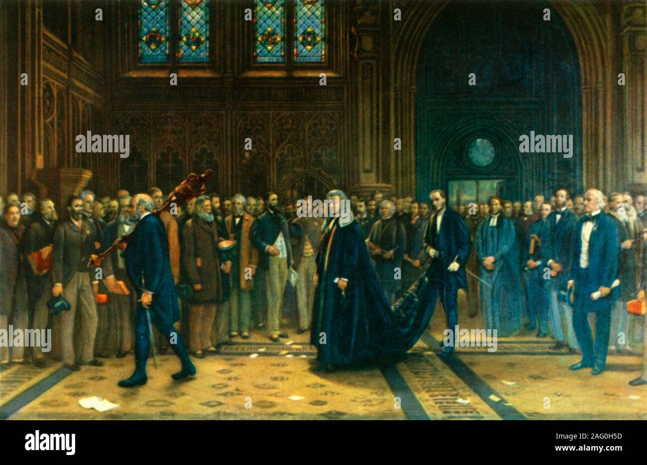 'The Speaker's Procession, 1884', (1947). Members of Parliament inside the Palace of Westminster in London. The Speaker is Henry Bouverie William Brand. The Prime Minister William Ewart Gladstone is on the right. From &quot;The House of Commons&quot;, by Martin Lindsay M.P. [Collins, London, 1947] Stock Photo