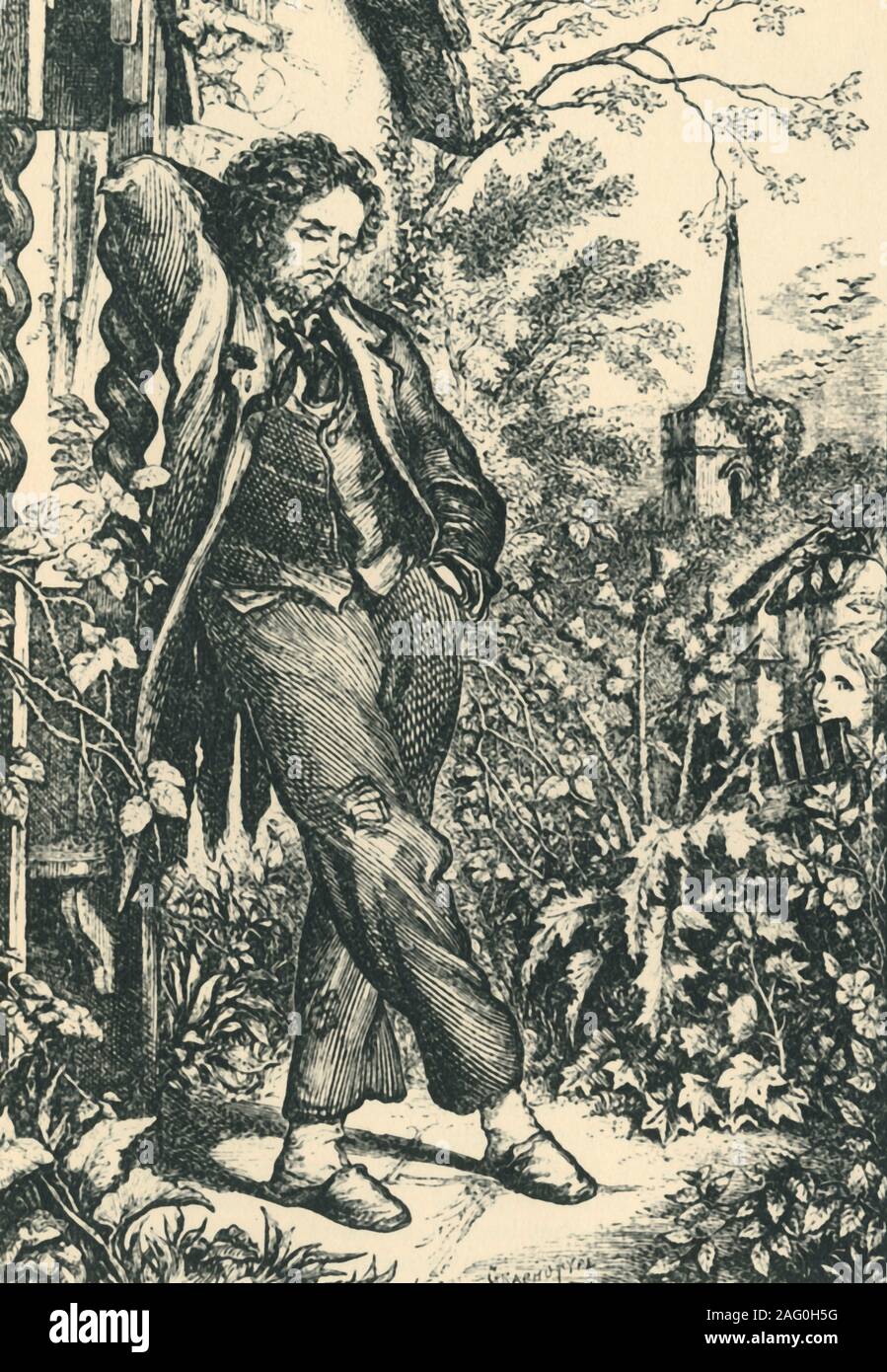 'The Sluggard', 19th century, (1943). A scruffy man lounges against a wall. His overgrown garden is full of thistles, and the church spire in the distance is choked with ivy. Illustration  from Watts's &quot;Divine and Moral Songs for Children&quot;, first published in 1720. Published in &quot;The English Bible&quot;, by Sir Herbert Grierson. [Collins, London, 1943] Stock Photo