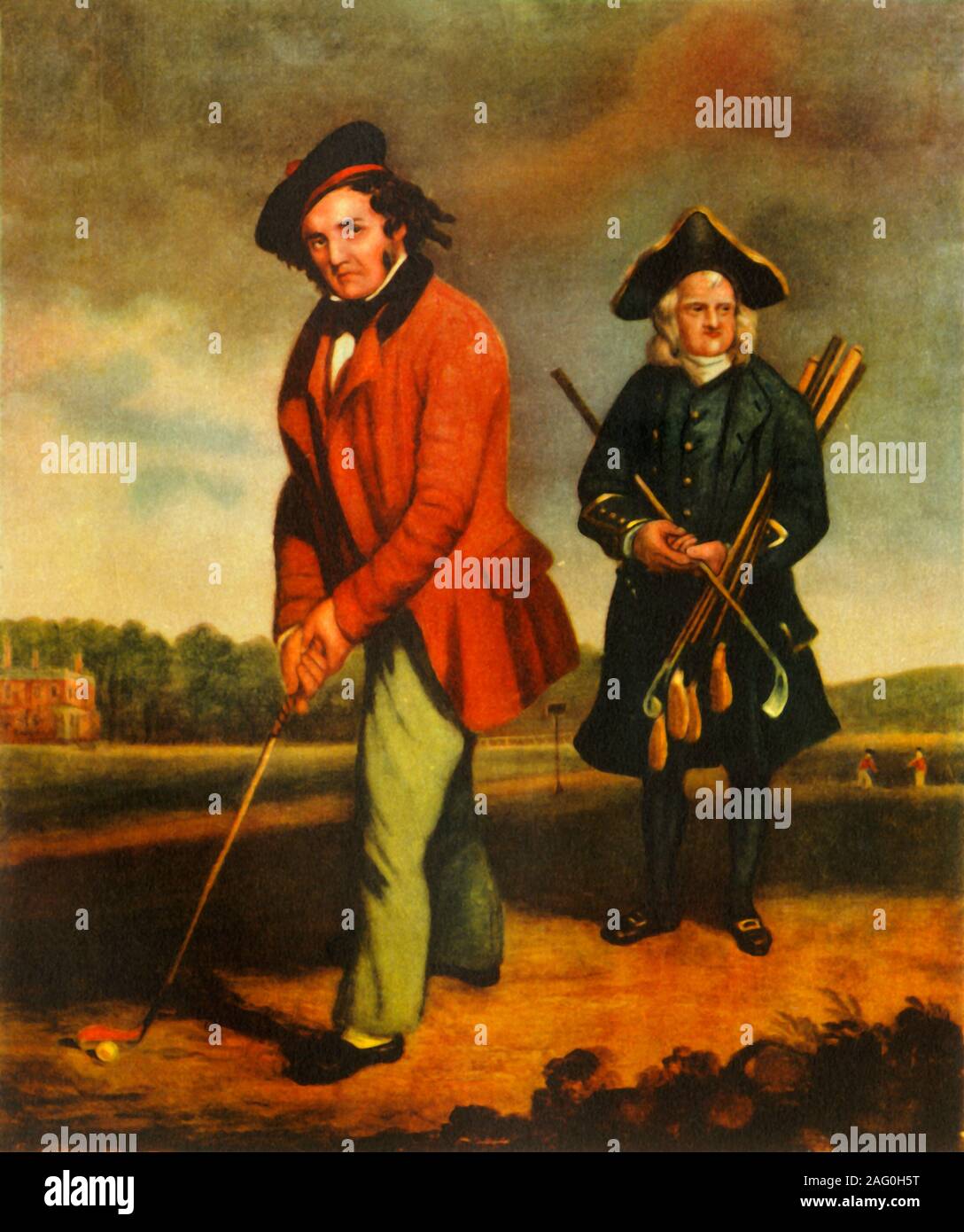 'Golf', late 18th-early 19th century, (1941). A golfer takes aim. His caddy, wearing a tricorne hat, carries spare clubs. From &quot;British Sport&quot;, by Eric Parker. [Collins, London, 1941] Stock Photo