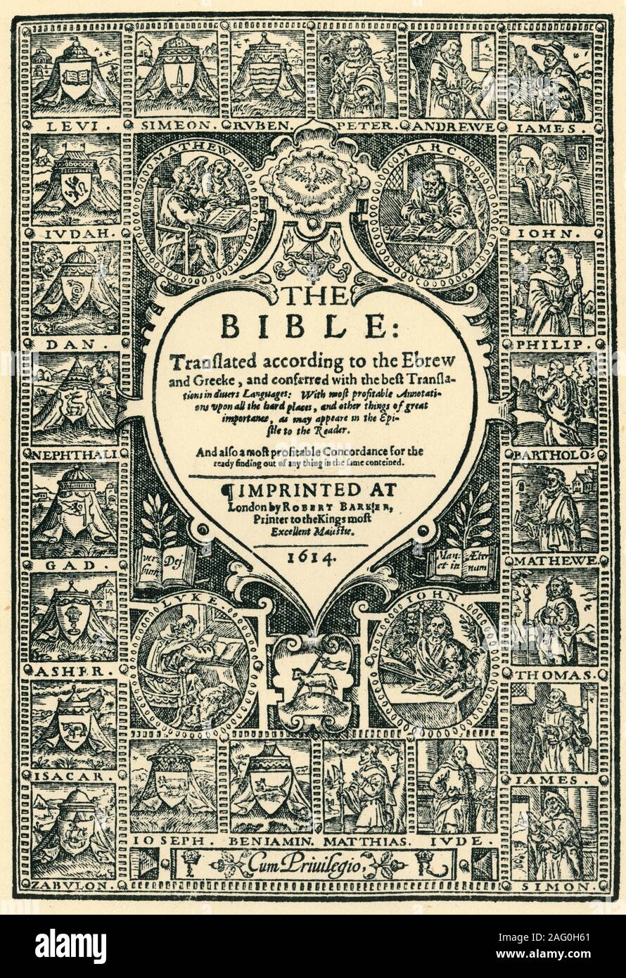 'Title Page of the Geneva Bible', 1614, (1943). The &quot;Geneva&quot; version of the Bible is significant because it was the first mechanically printed, mass-produced Bible in English which was available directly to the general public in Britain. In Scotland, a law was passed in 1579 requiring every household of sufficient means to buy a copy. This was a complete change from the previous position of the state which made printing or publishing the Bible in anything other than Latin a crime punishable by death. Published by Robert Barker, printer to King James I, (London, 1614). From &quot;The Stock Photo