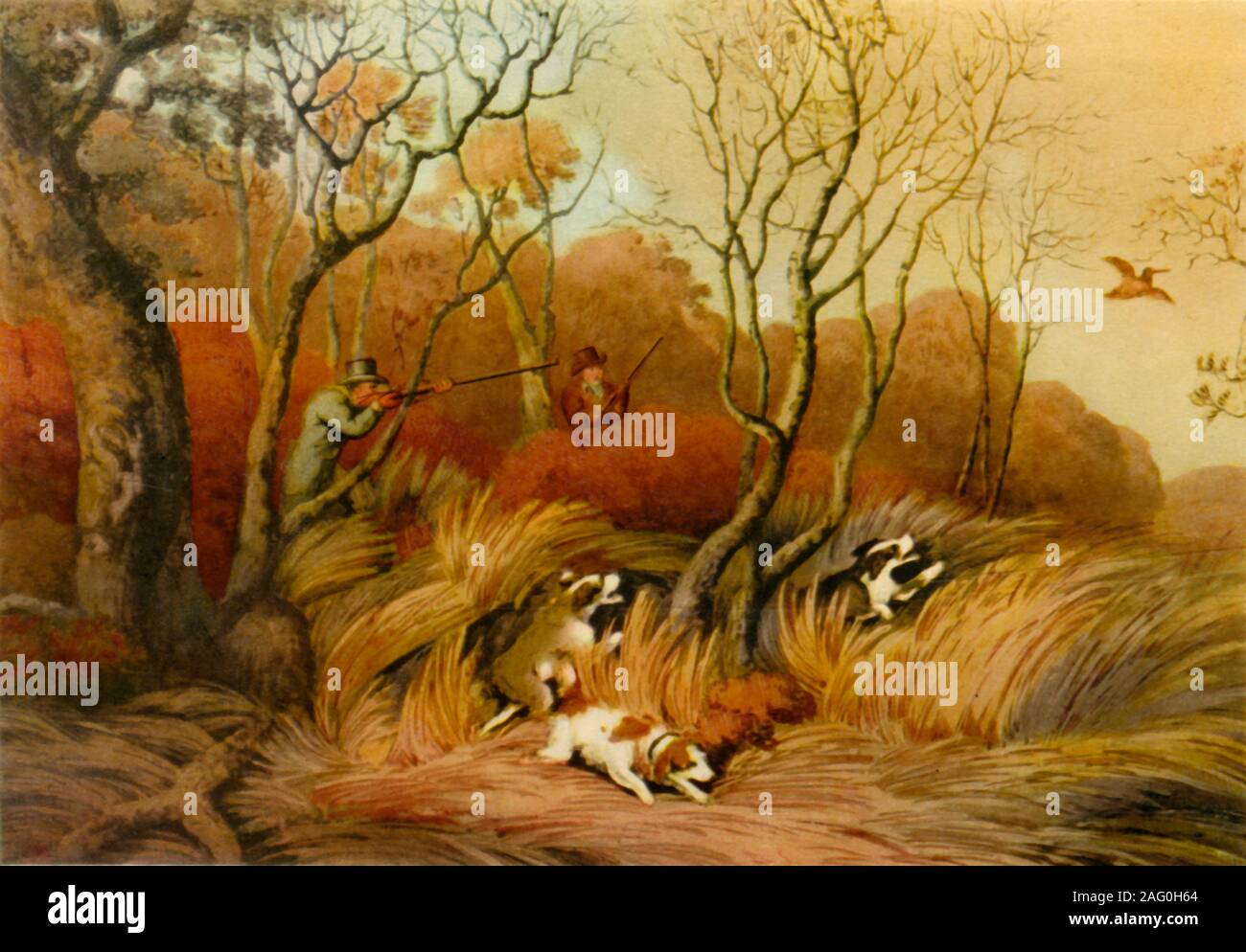 'Woodcock Shooting', (1941). Men and their dogs hunting birds in the English countryside