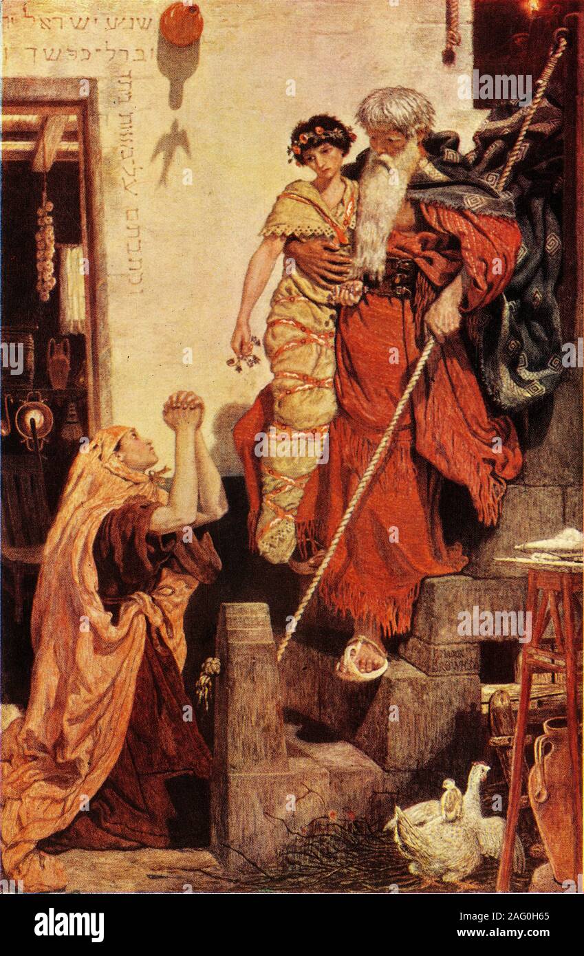 'Elijah Restoring the Widow's Son', 1868, (1943). Biblical scene, depiction of a story from the first Book of Kings. The prophet Elijah brings a child - still in his funeral shroud - down from the bedroom alive and well. His grateful mother kneels in thanks. Painting in the Victoria and Albert Museum, London. From &quot;The English Bible&quot;, by Sir Herbert Grierson. [Collins, London, 1943] Stock Photo