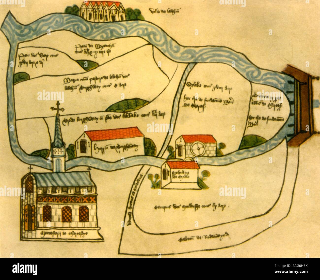 Map of Chertsey Abbey, 1432, (1944). Plan of Chertsey Abbey and estate in Surrey, showing the Benedictine monastery, Oxlake Mill, bridge over the river Thames, the village of Laleham, Burghwey Barn and Redewynd Causeway. Manuscript in the National Archives at Kew, London. From &quot;British Maps and Map-Makers&quot;, by Edward Lynam. [Collins, London, 1944] Stock Photo