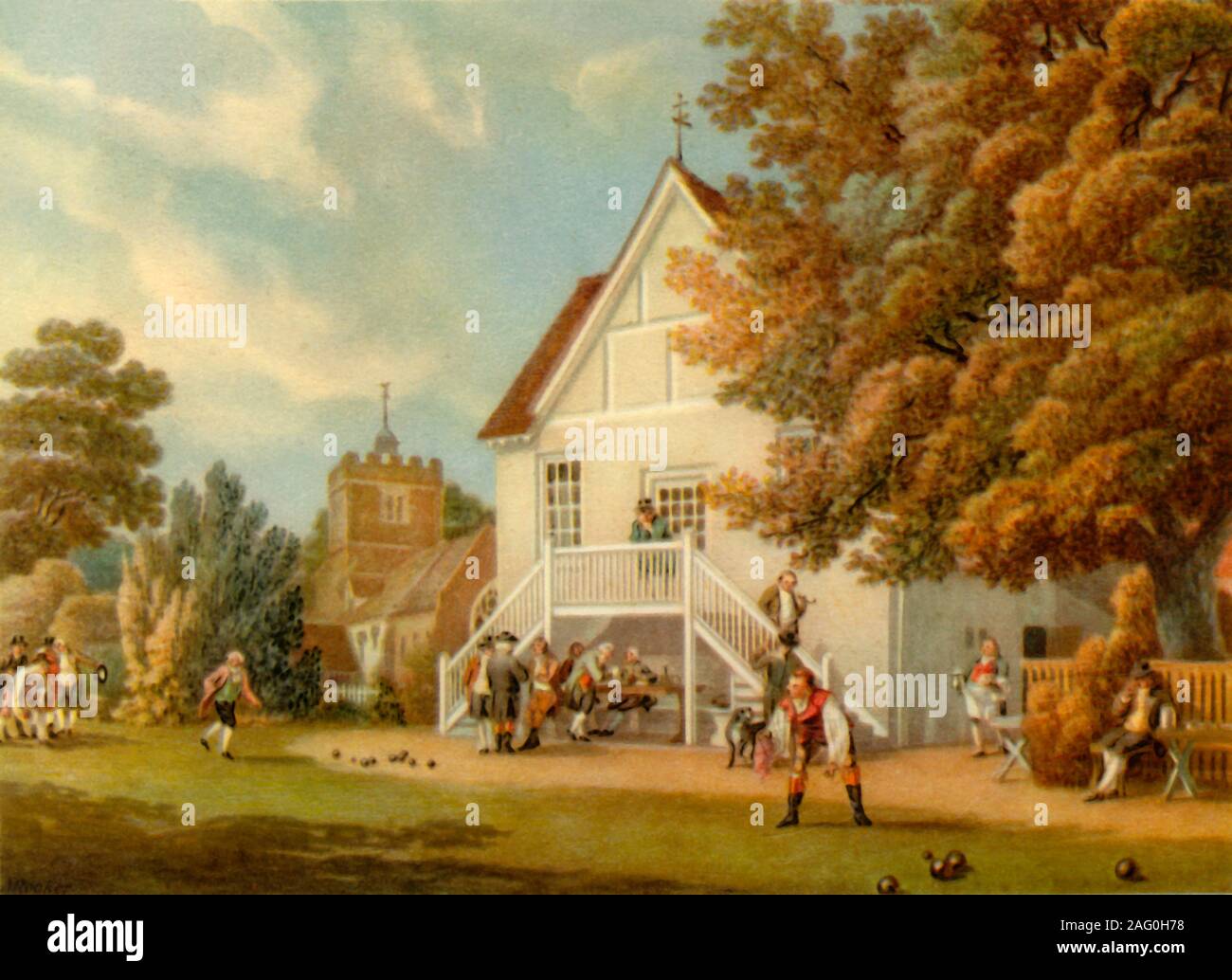 'The Bowling Green', late 18th century, (1941). A game of lawn bowls on Hurst Bowling Green in Berkshire. The first documented date for the Hurst Bowling Club is 1747. The building in the centre was known as the Church House. It later became the Bunch of Grapes public house. From &quot;British Sport&quot;, by Eric Parker. [Collins, London, 1941] Stock Photo