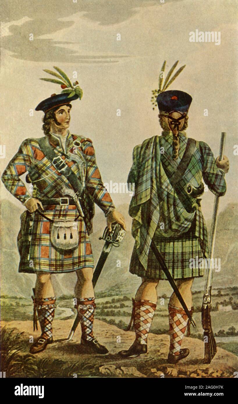 'Highland Chiefs in the Stewart and Gordon Tartans', 1831, (1946). Full-length study of Scottish chieftans in traditional tartan kilts of the Stewart and Gordon clans. The man on the left wears a sporran, a pouch made of leather or fur. His companion wears a full plaid, draped over the left shoulder and tucked into the belt. Illustration in &quot;The Scottish Gael&quot; by James Logan. [London, 1831]. Published in &quot;Life Among the Scots&quot;, by Janet Adam Smith. [Collins, London, 1946] Stock Photo