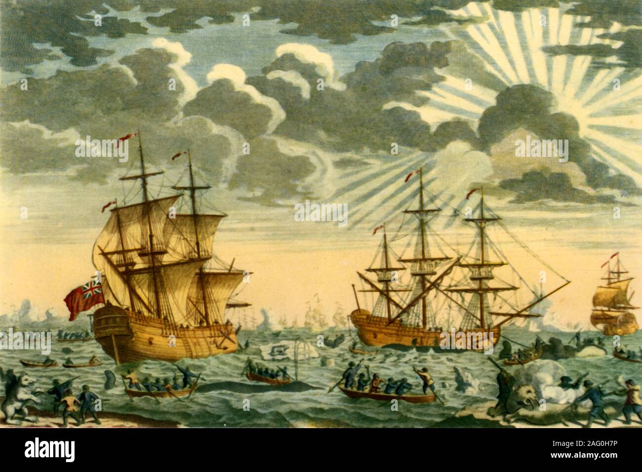 'Whale or Greenland Fishery', 1720, (1946). British whaling ships off the coast of Greenland: sailors in small rowing boats hunt whales with harpoons; men attack a polar bear at bottom left, and a walrus is shot and clubbed on the right. From &quot;British Polar Explorers&quot;, by Admiral Sir Edward Evans. [Collins, London, 1946] Stock Photo