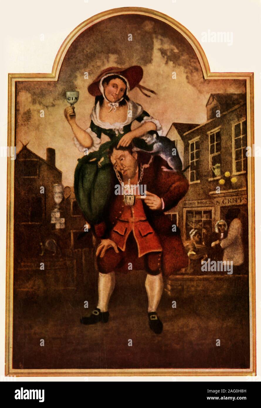 'The Man with the Load of Mischief', 18th century, (1943). A man with a chain and padlock round his neck, carrying a &quot;load of mischief&quot;: a woman holding a glass of gin rides on his back, while a monkey pokes him in the ear. In the background is a pawnbroker's shop, a reference to belongings being pawned to buy alcohol. A misogynistic depiction which portrays the wife as a literal 'burden' to the husband. ('Trouble and Strife' is cockney rhyming slang for 'wife'). Inn sign attributed to William Hogarth which reputedly came from an inn called &quot;The Mischief&quot;, in Oxford Street. Stock Photo