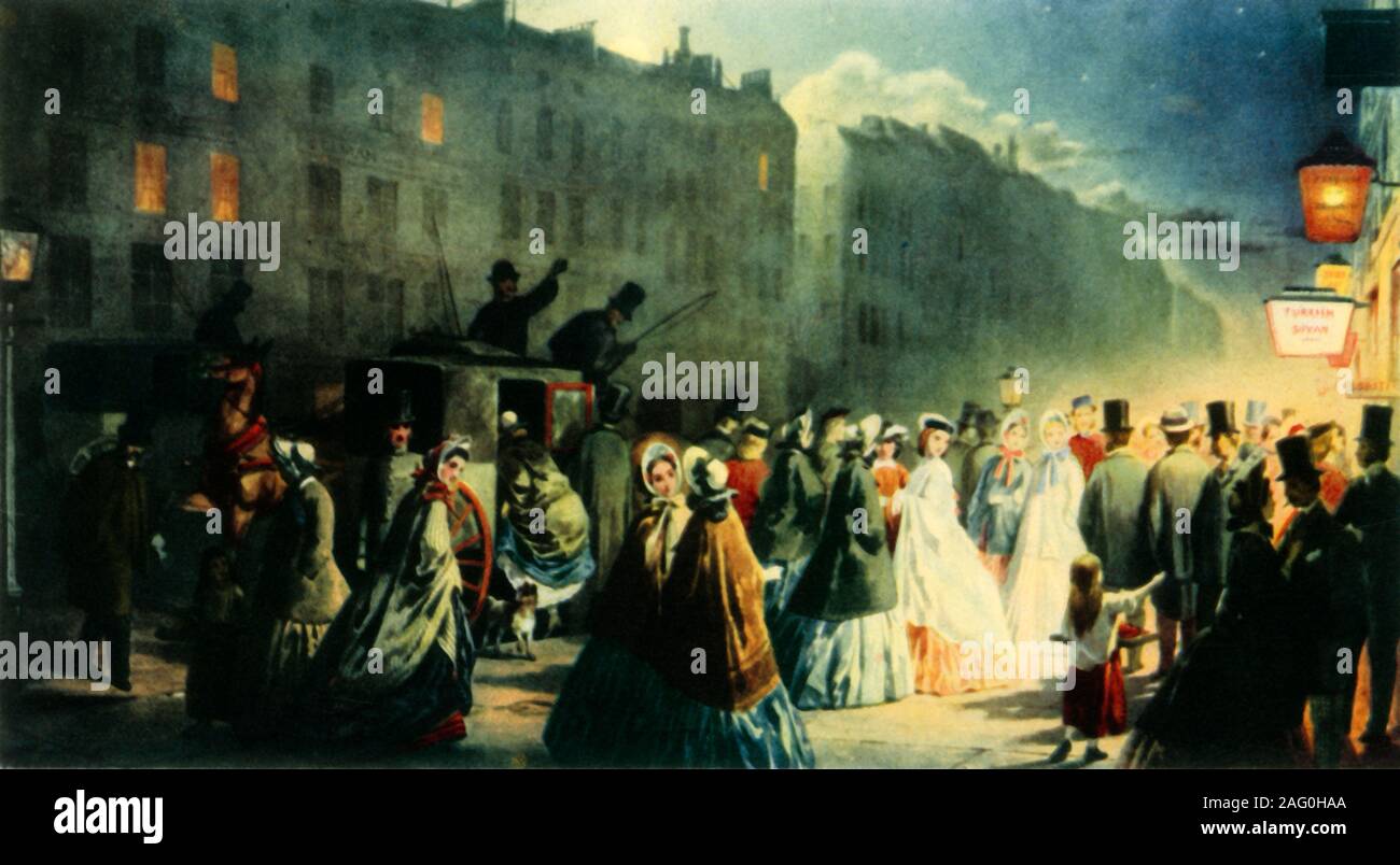 'Scene in the Strand at Night', c1860, (1942). Nightlife in one of London's main streets: carriages and crowds of people outside brightly-lit establishments. A sign on the right advertises 'Turkish Divan', probably a smoking room. From &quot;Life Among the English&quot;, by Rose Macaulay. [Collins, London, 1942] Stock Photo