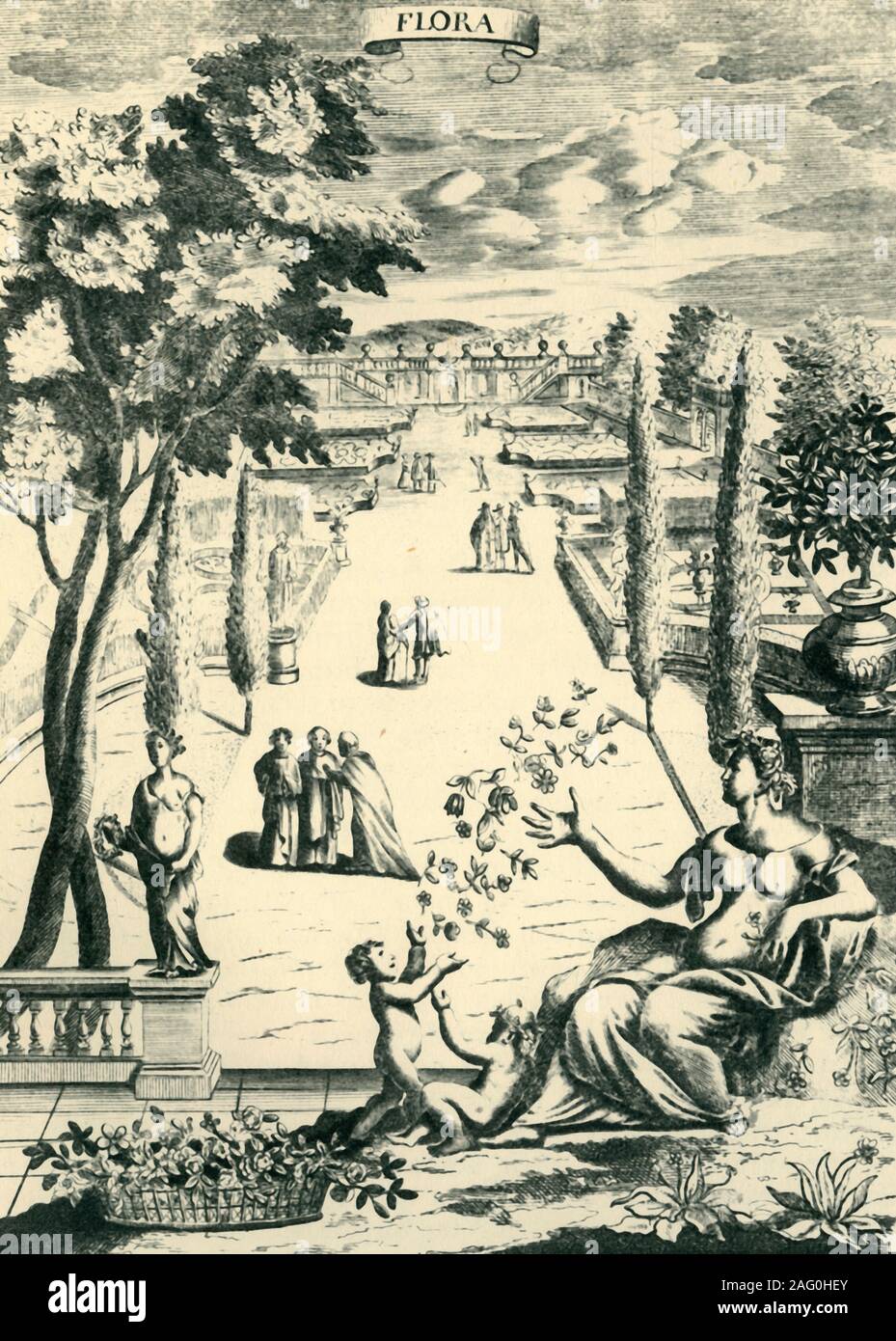 'Flora', 1686, (1944). View of a formal garden with a central walk lined with cypress trees. In the foreground the goddess Flora, goddess of flowers and of the season of spring, throws petals for two cherubs. From &quot;The Gentleman's Recreations&quot; by Richard Blome. Published in &quot;English Gardens&quot;, by Harry Roberts. [Collins, London, 1944] Stock Photo