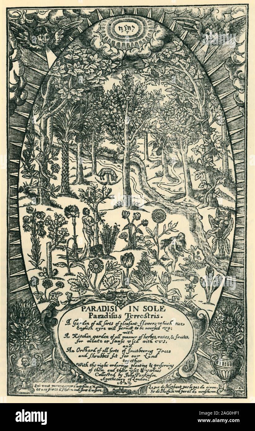 The Garden of Eden, 1629, (1944). Adam and Eve are dwarfed by large flowers and plants, with a river, fruit trees, and the Vegetable Lamb of Tartary behind. Title page from &quot;Paradisi in Sole Paradisus Terrestris&quot; (Park-in-Sun's Terrestrial Paradise) by apothecary John Parkinson. The full title is 'Paradisi in Sole Paradisus Terrestris, or, A garden of all sorts of pleasant flowers: which our English ayre will permitt to be noursed vp : with a kitchen garden of all manner of herbes, rootes &amp; fruites for meate or sause vsed with vs : and, an orchard of all sorte of fruitbearing tre Stock Photo