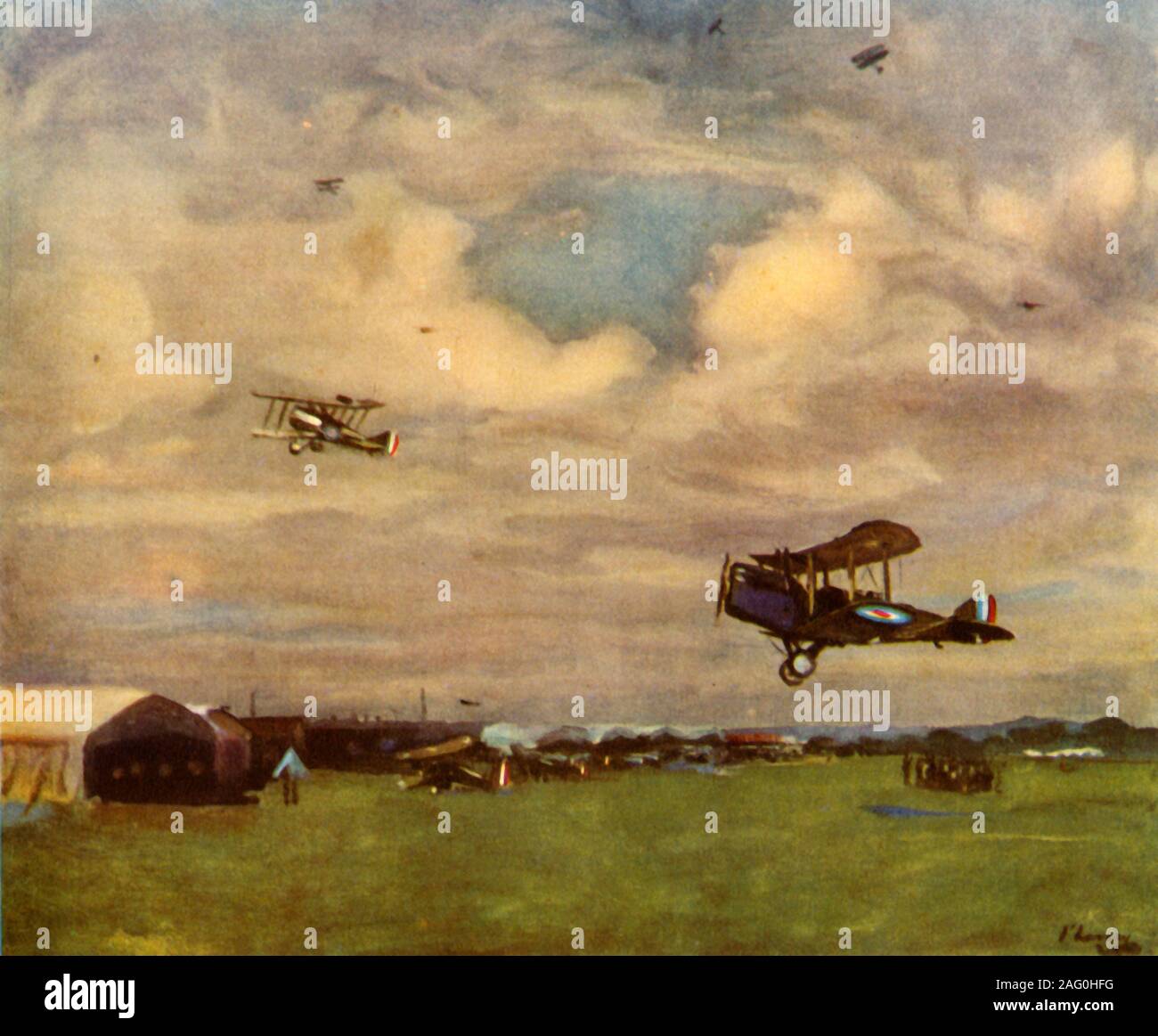 'An Aerodrome in 1918', (1944). British biplanes in the air over an airfield during the First World War. From &quot;Britain In The Air&quot;, by Nigel Tangye. [Collins, London, 1944] Stock Photo