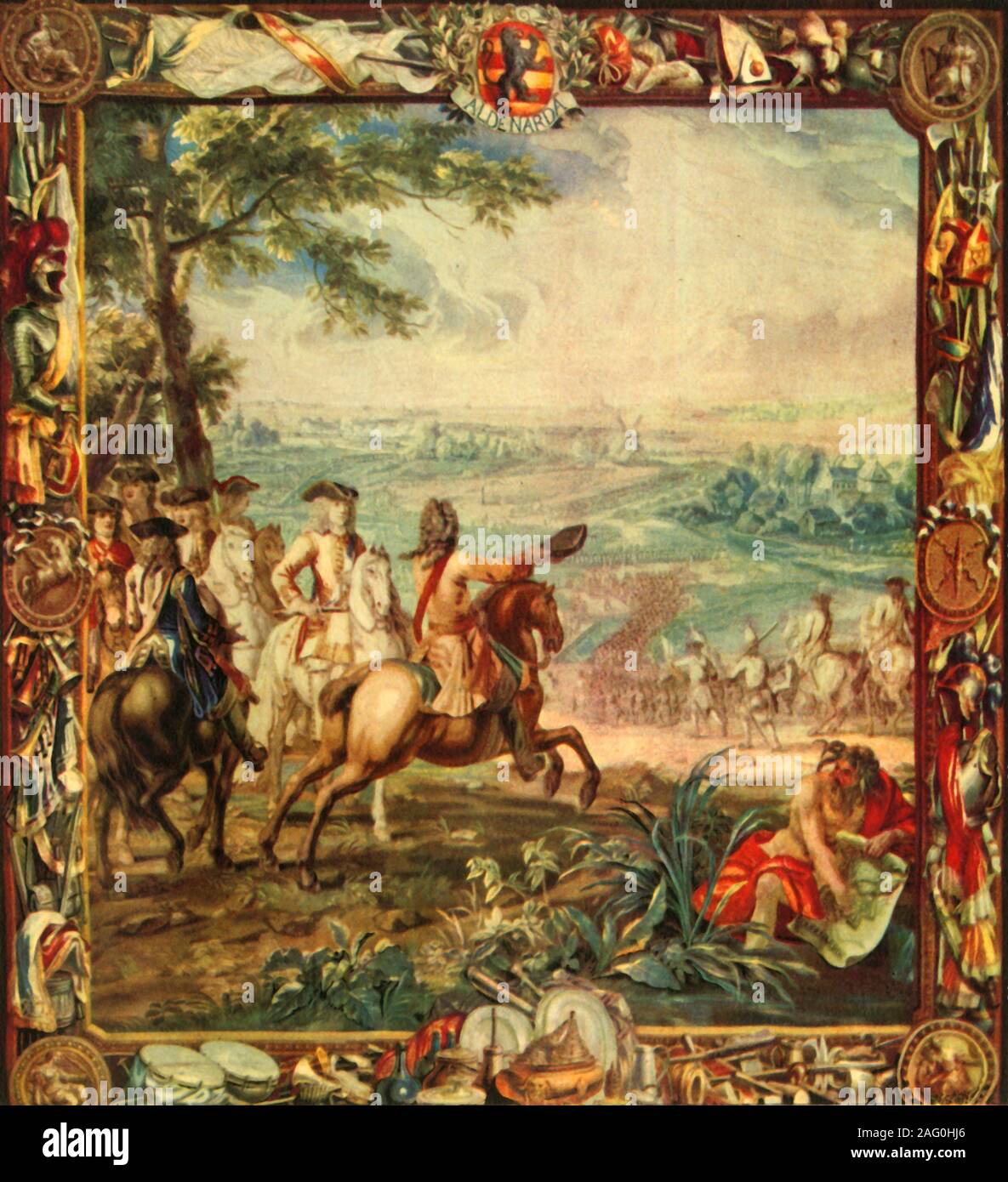 'Marlborough at the Battle of Oudenarde, 1708', (1944). Tapestry depicting British military leader John Churchill, 1st Duke of Marlborough (on a white horse) at the Battle of Oudenarde, fought in July 1708 at Oudenaarde in Flanders, during the the War of the Spanish Succession. The battle was fought between the forces of Great Britain, the Dutch Republic and the Holy Roman Empire on the one side and those of France on the other, and resulted in a victory for the allies. This is one of the Victory tapestries commissioned by the Duke to commemorate his victories at Blendheim, Ramilles, Oudenarde Stock Photo