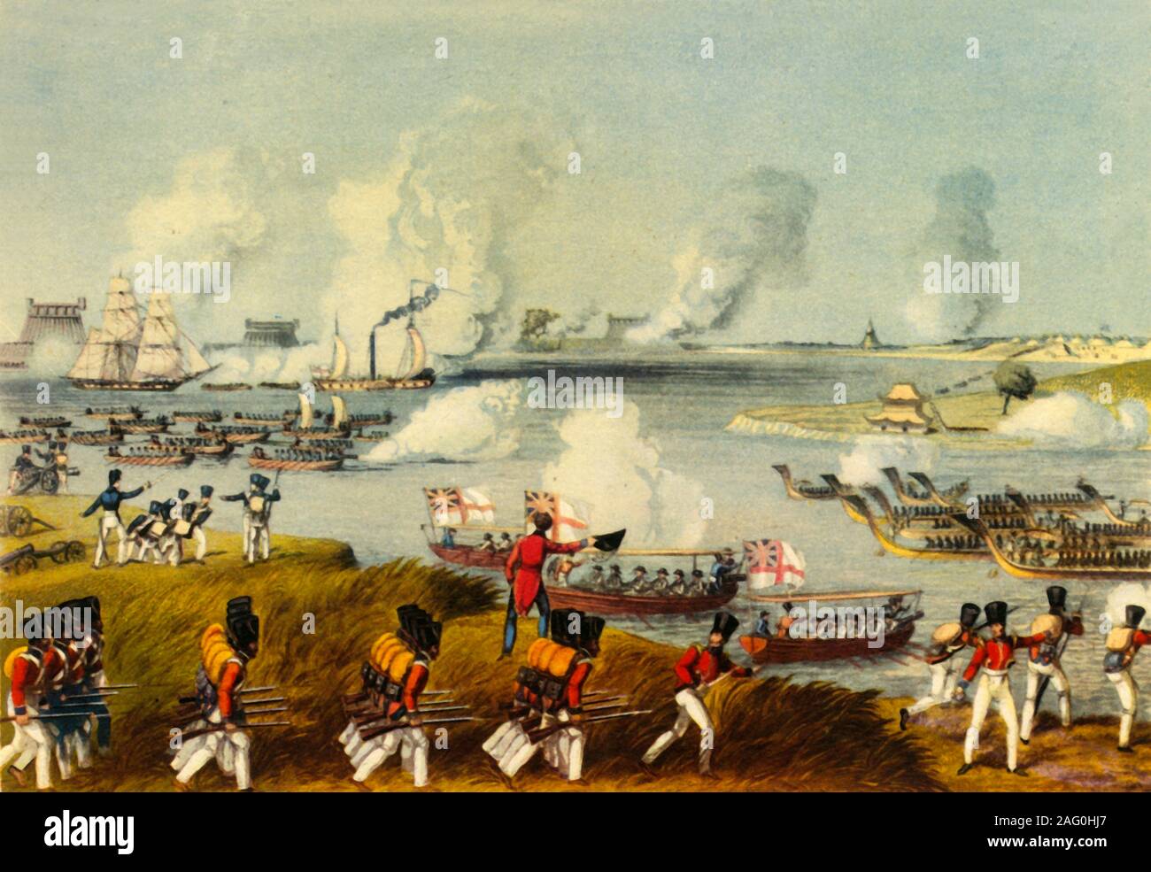 'Combined Naval and Military Forces, Burma, 27th March, 1825', (1944). Scene from the First Anglo-Burmese War, fought between the British and Burmese empires: 'The combined [British] forces under Brigadier Cotton and Captain Alexander passing the fortress of Donabue to effect a junction with Sir Archibald Campbell'. From &quot;Rangoon Views, and Combined Operations in the Birman Empire&quot; by Lt Joseph Moore. Published in &quot;British Soldiers', by S. H. F. Johnston. [Collins, London, 1944] Stock Photo