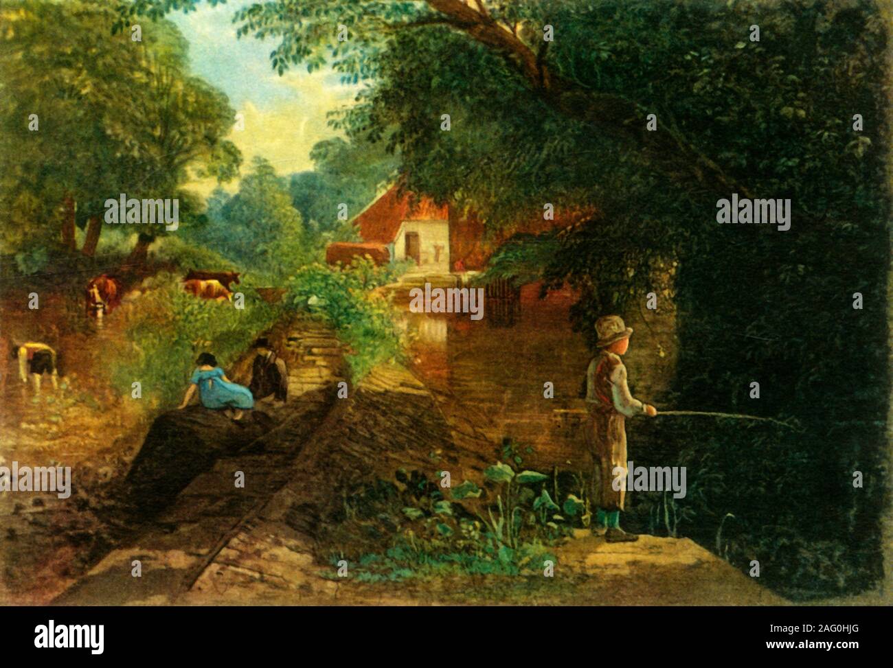 'A Young Fisherman in Stapleton Glen', early-mid 19th century, (1946). Boy fishing at Stapleton near Bristol. Painting in Bristol Museum &amp; Art Gallery, Bristol. From &quot;British Anglers' Natural History', by E. G. Boulenger. [Collins, London, 1946] Stock Photo