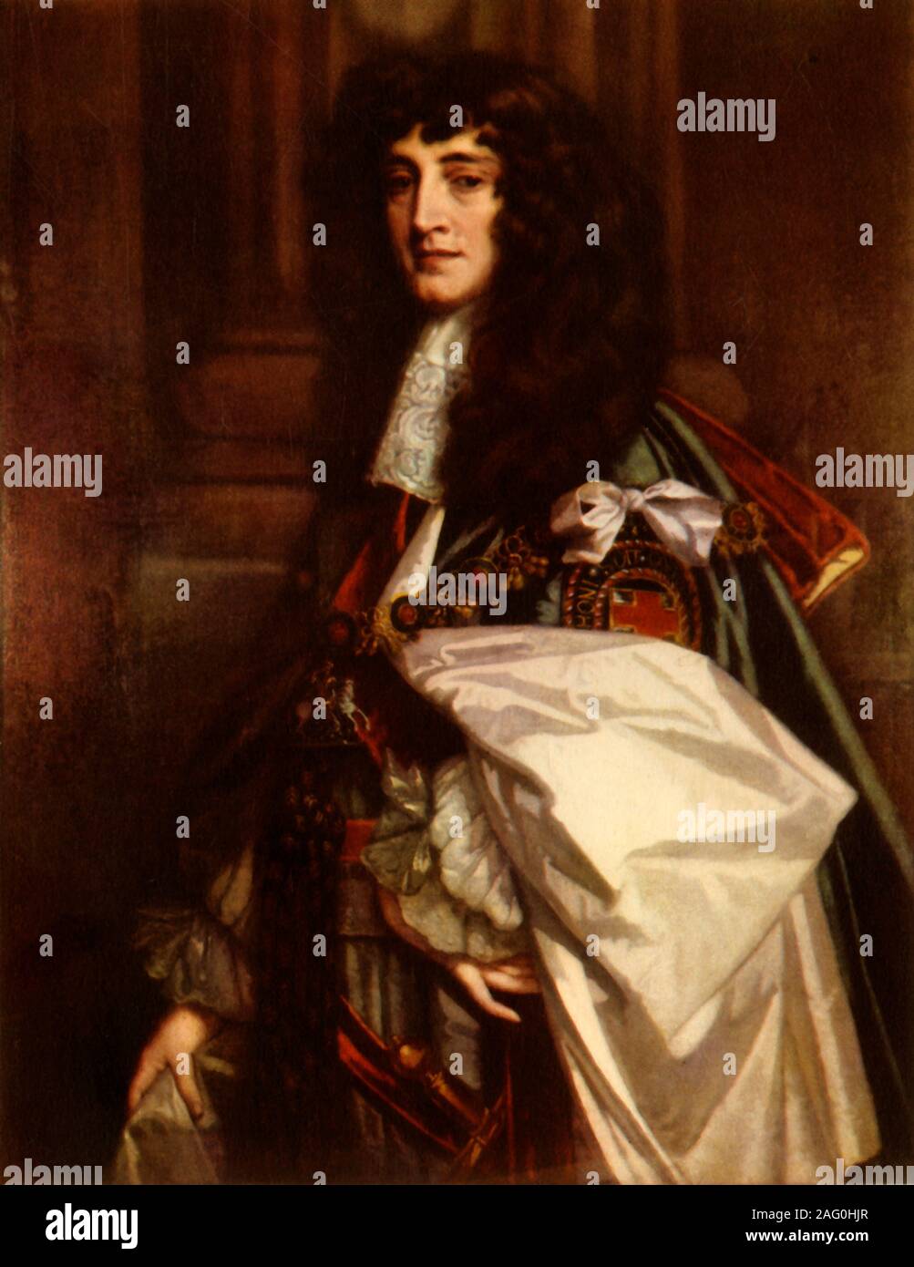 Prince Rupert, c1665, (1944). Portrait of Prince Rupert, 1st Duke of Cumberland and Count Palatine of the Rhine (1619-1682), wearing the robes of a Knight of the Garter. Rupert was a cavalry commander during the English Civil War (1642-1649), and became commander-in-chief of the Royalist land forces in 1644. After a painting by Peter Lely in the National Maritime Museum, London. From &quot;Battlefields in Britain', by C. V. Wedgwood. [Collins, London, 1944] Stock Photo