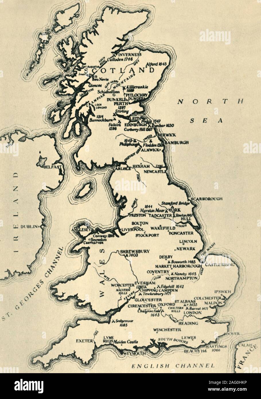 Map showing British battlefields, 1944. Battles marked include Marston Moor, 1644; Flodden, 1513; Culloden, 1746; Naseby, 1645; Edgehill, 1642; Hastings, 1066. From &quot;Battlefields in Britain', by C. V. Wedgwood. [Collins, London, 1944] Stock Photo