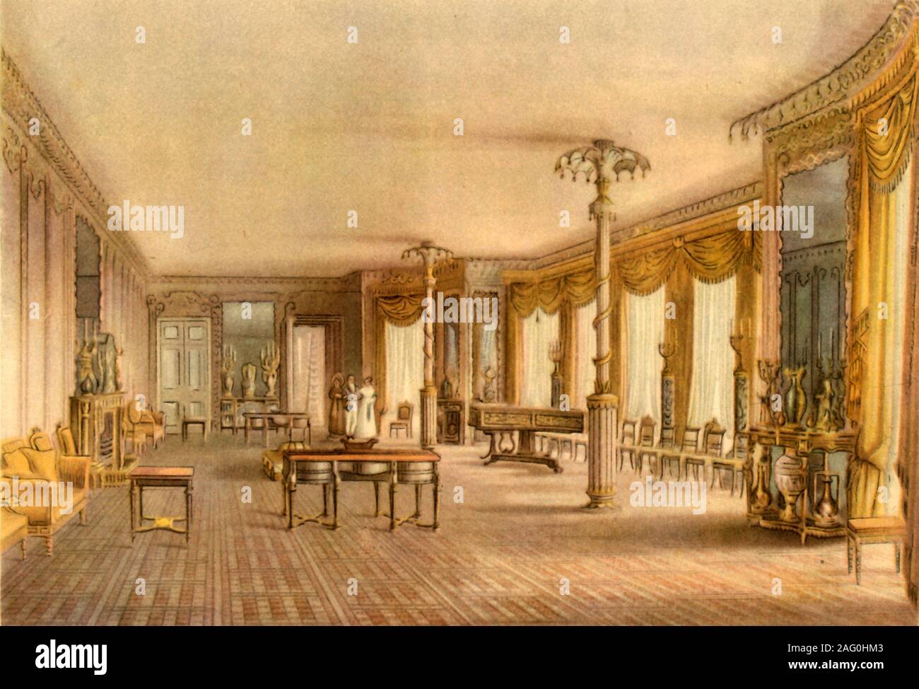 The North Drawing-Room, Royal Pavilion, Brighton, East Sussex, 1824, (1946). View of one of the drawing-rooms in the Pavilion, the Regency Indo-Saracenic seaside retreat of George, Prince of Wales, with interior design by John Nash. Supporting columns are disguised as palm trees. From &quot;British Furniture Makers', by John Gloag. [Collins, London, 1946] Stock Photo