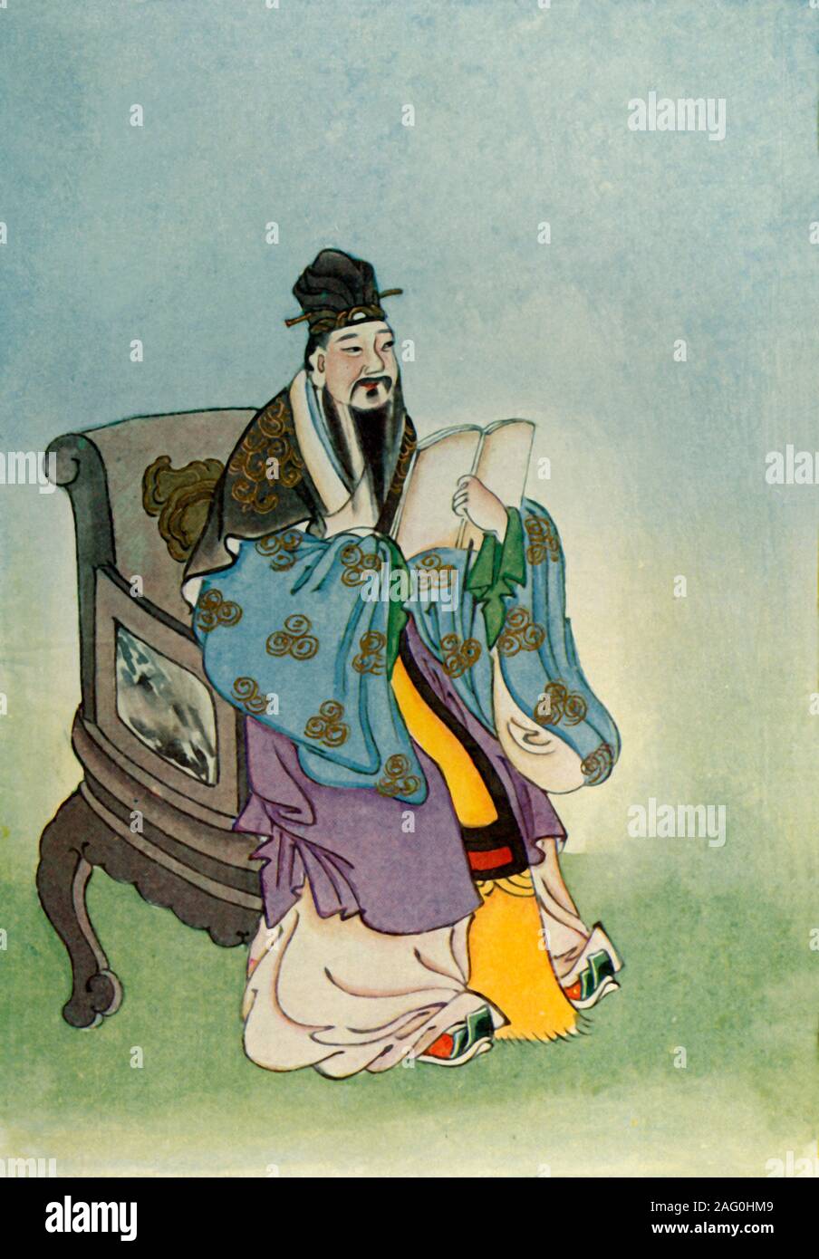 'Mencius', 1922. Mencius (4th century BC) Chinese Confucian philosopher who lived during the Warring States period and travelled, teaching the belief that humans are innately good, a quality requiring cultivation and the right environment to flourish. From &quot;Myths and Legends of China&quot;, by E. T. C. Werner. [George G. Harrap &amp; Co. Ltd., London, Calcutta, Sydney, 1922] Stock Photo