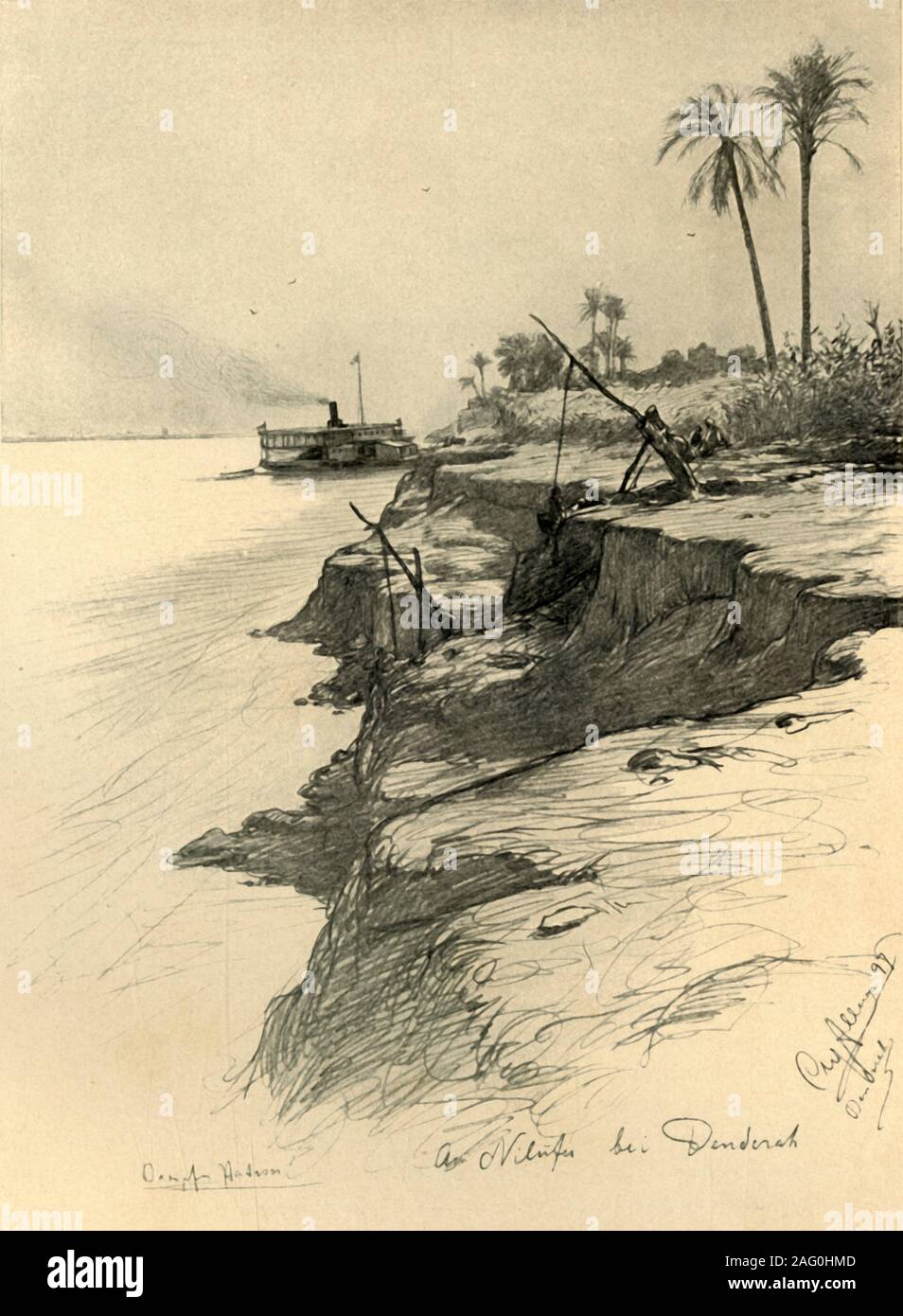 On the banks of the Nile at Dendera, Egypt, 1898. Paddle steamer 'Hatasoo' on the River Nile. On the right is a shadoof, a device for lifting water for irrigation. 'Am Nil&#xfc;fer bei Denderah'. From &quot;Rund um die Erde&quot; [Round the Earth], written and illustrated by C. W. Allers. [Union Deutsche Verlagsgesellschaft, Stuttgart, 1898] Stock Photo