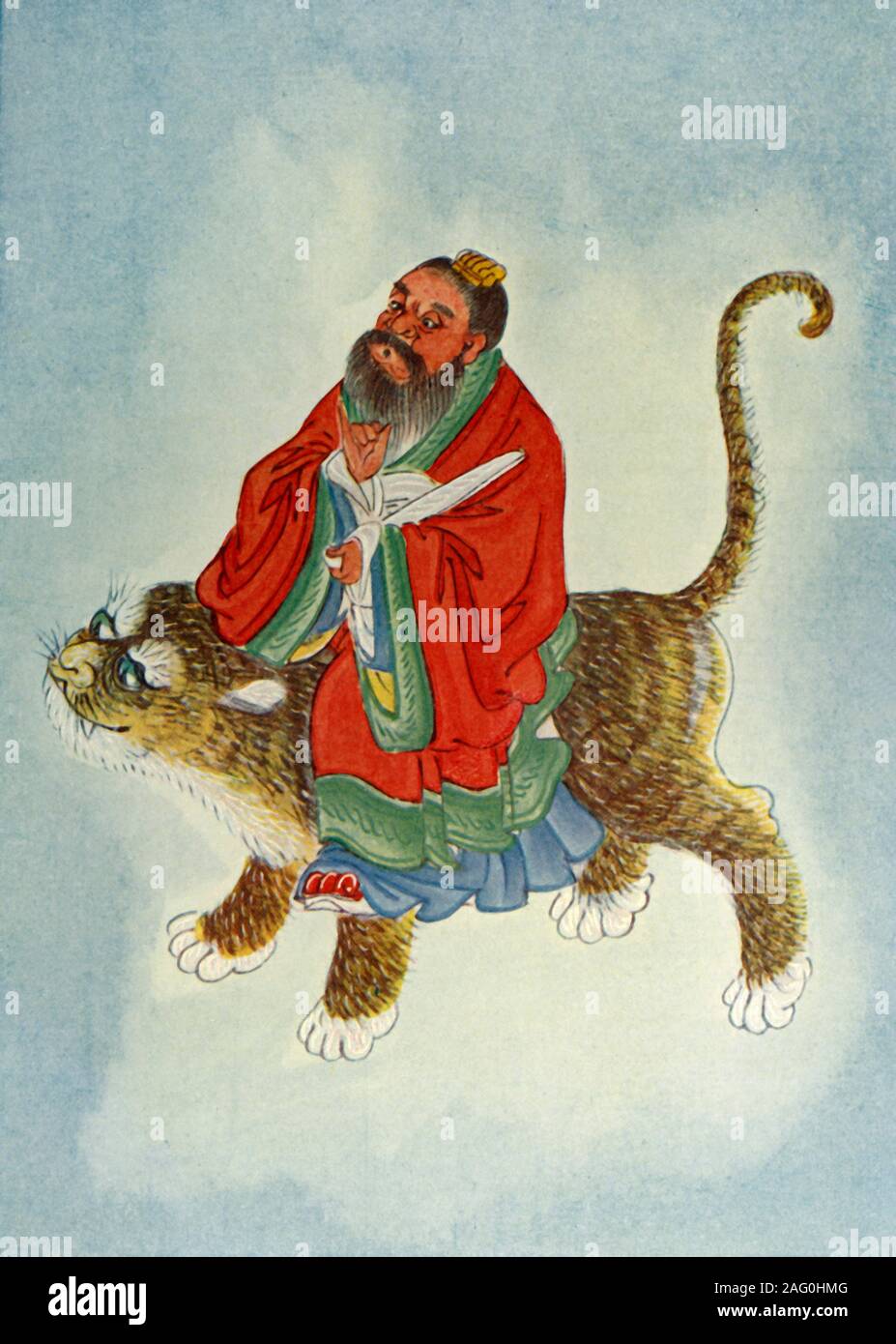 'Chang Tao-Ling', 1922. Chang Tao-Ling (34-156) Founder of the Han Dynasty Taoist school of wu-tou-mi tao, Way of the Celestial Masters, which emphasized the connection between sin and suffering, and introduced repentance and healing, sometimes pictured riding a tiger. From &quot;Myths and Legends of China&quot;, by E. T. C. Werner. [George G. Harrap &amp; Co. Ltd., London, Calcutta, Sydney, 1922] Stock Photo
