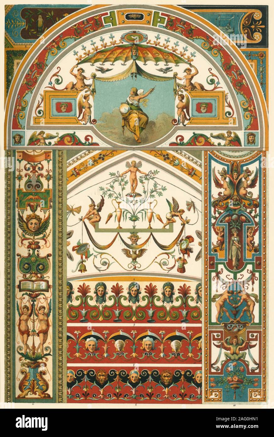 Italian Renaissance ceiling and wall painting, (1898). 'Fig 1: Tympanum from the Sala Ducale in the Vatican at Rome. Figs 2-5: Details from the Loggie of Raffaelle ibid. Fig 6: Severey above the fountain-hall of the Villa di Papa Giulio at Rome. Figs 7 and 8: Plafond-borders in the same Villa. Figs 9 and 10: Pilaster-panels from a chapel in S. Maria Aracelli at Rome. Fig 11: Arch-panel from the cloister of the monastery S. Maria sopra Minerva at Rome'. Plate 57 from &quot;The Historic Styles of Ornament&quot; translated from the German of H. Dolmetsch. [B.T. Batford, London, 1898] Stock Photo