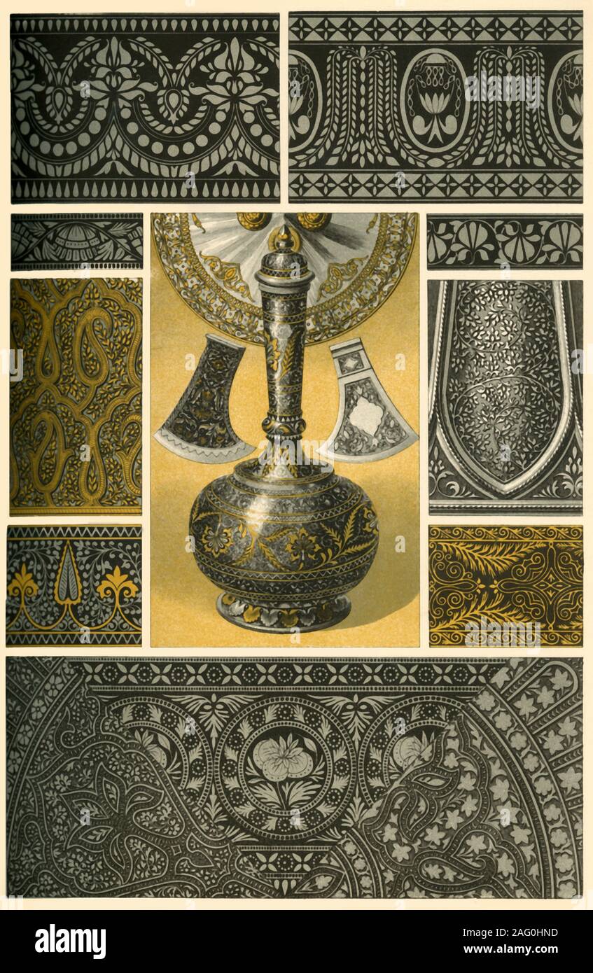 Indian metal work, (1898). 'Fig 1: Tin-vessel with damascened ...