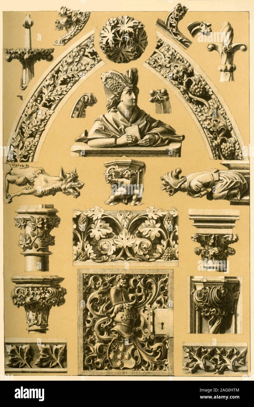 Medieval architectural ornament and sculpture, (1898). 'Fig 1: Carved figure from the stalls of the Minster at Ulm. Fig 2: Projecting bracket of a seat-flap (Misericordia) of the same stalls. Fig 3: Key-stone-decoration from the cathedral at Naumburg. Fig 4: Projecting bracket of a capital from the church at Gelnhausen. Fig 5: Projecting bracket of a capital of French origin. Fig 6: Finial from Notre-dame at Paris. Fig 7: Knob of a finial ibid. Fig 8: Finial from the tabernacle of the former hospital-church at Esslingen. Fig 9: Crocket from Nuremberg. Fig 10: Crocket from Cologne Cathedral. Fi Stock Photo