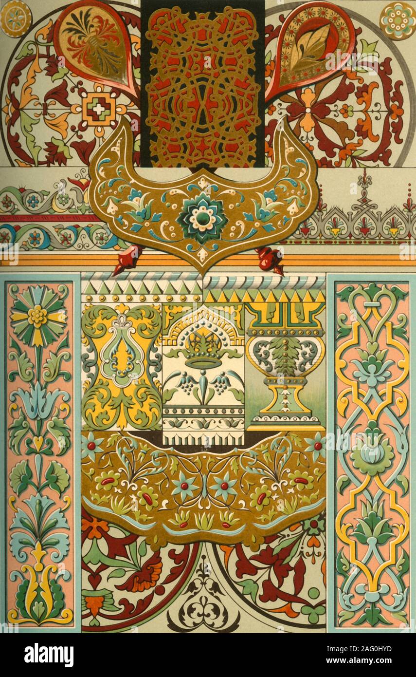 Russian enamel, majolica, wall painting, ceilings and japanned woodwork, (1898). 'Figs 1-4: Wall-paintings on a spiral staircase in the Cathedral of the Annunciation at Moscow, 15th century. Figs 5-7: Ornaments on vaults in a house of Moscow, 17th century. Figs 8 and 9: Majolica-Pilaster as window frame at the Terem (Palace of the Empresses) on the Kreml, Moscow. Figs 10-14: Stove-pans made in the market-town of Ustjug, 17th century, in the Museum of the Imperial Society for the promotion of Art in St. Petersburgh. Fig 15: Edge of a gold dish in the treasury of the Kreml at Moscow. Figs 16-18: Stock Photo