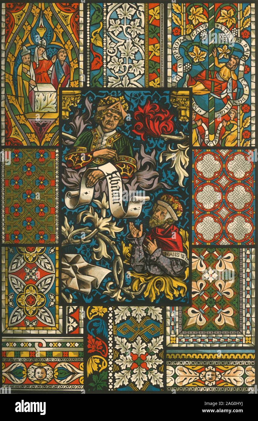 Medieval stained glass, (1898). 'Fig 1: From a choir-window in the minster of Ulm [Germany]. Figs 2 and 3: From the choir-windows of the Frauenkirche at Esslingen. Figs 4-8: In the National Museum at Munich, formerly in the cathedral of Regensburg. Fig 9: From a choir-window in the cathedral of Cologne. Figs 10 and 11: From the choir of the cloister-church at K&#xf6;nigsfelden (Switzerland). Fig 12: From one of the aisle-windows of the upper church S. Francesco at Assisi. Figs 13 and 14: From the side-aisle-windows of the lower church ibid'. Plate 40 from &quot;The Historic Styles of Ornament& Stock Photo
