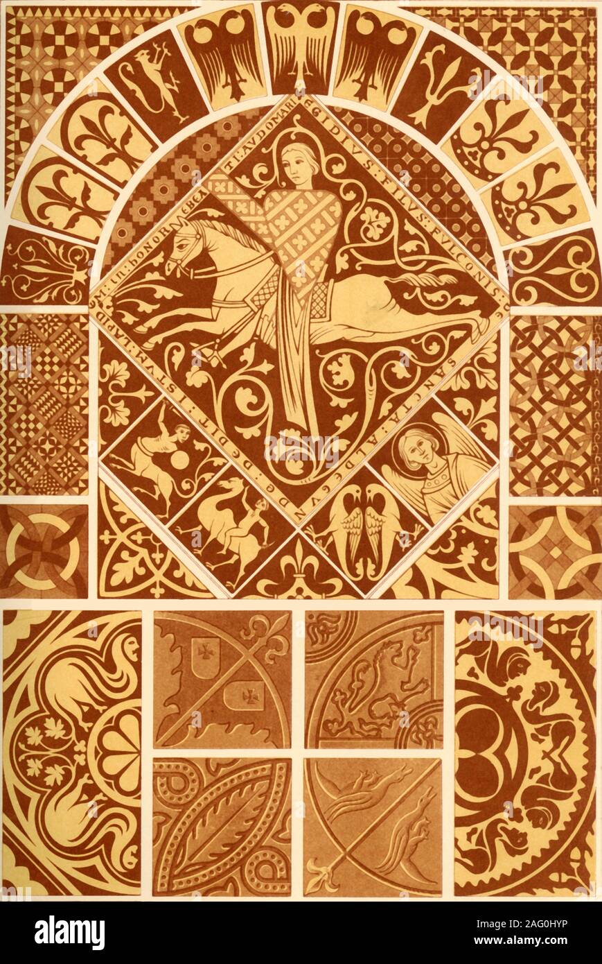 Medieval stone mosaic, (1898). 'Figs 1-8: Engraved stone-flags from the old cathedral at St. Omer, 13th century (ground brown, interior design of horse and horseman filled up with red). Figs 9 and 10: Mosaic floors of burnt clay, enamelled, from a collection at Dresden (black and red centres with white edging) 13th century. Figs 11 and 12: Mosaic floors of burnt clay, enamelled, from the cloister-church Colombe-les-Sens (red, black and yellow), 12th century. Figs 13 and 14: Mosaic floors of burnt clay, enamelled, from the abbey-church at St. Denis (red, black and yellow), 12th century. Figs 15 Stock Photo